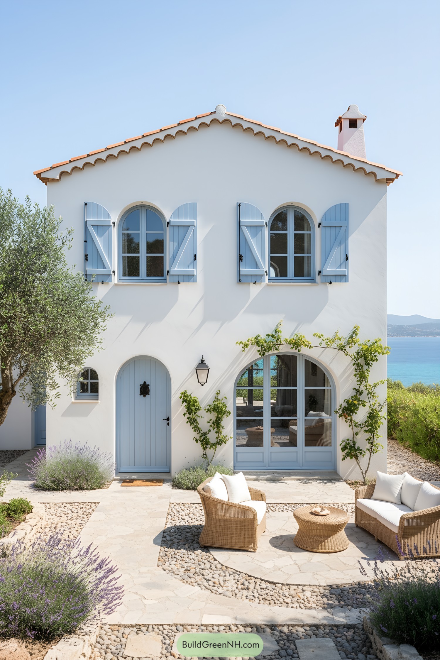 White stucco villa with blue shutters and arched windows by the coast