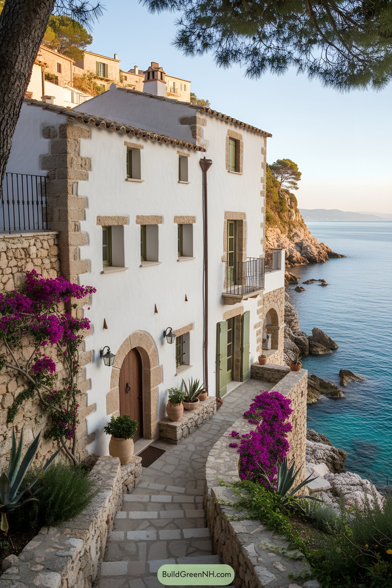 Mediterranean seaside home with stone accents