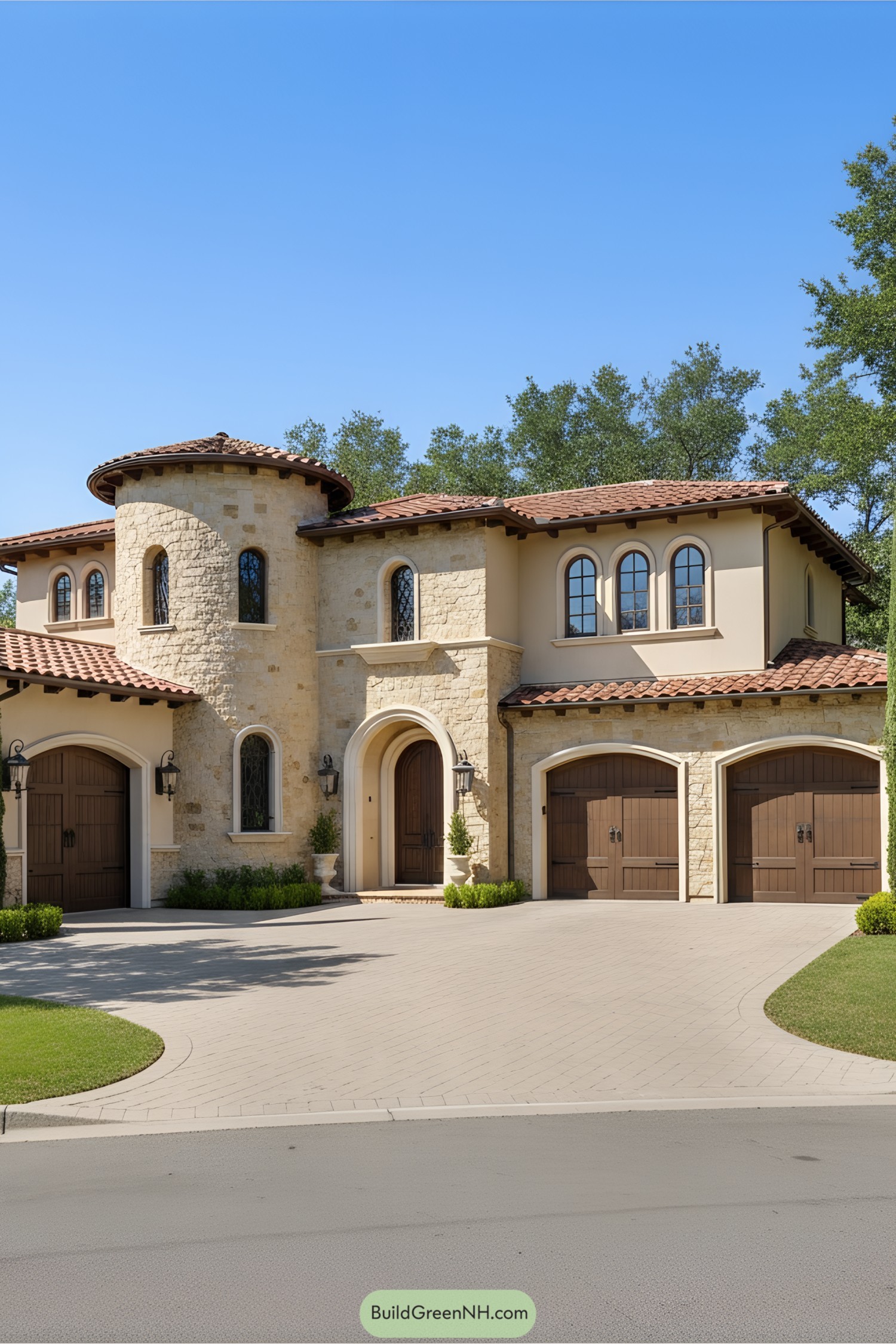 Elegant stone facade with arched windows and wooden doors