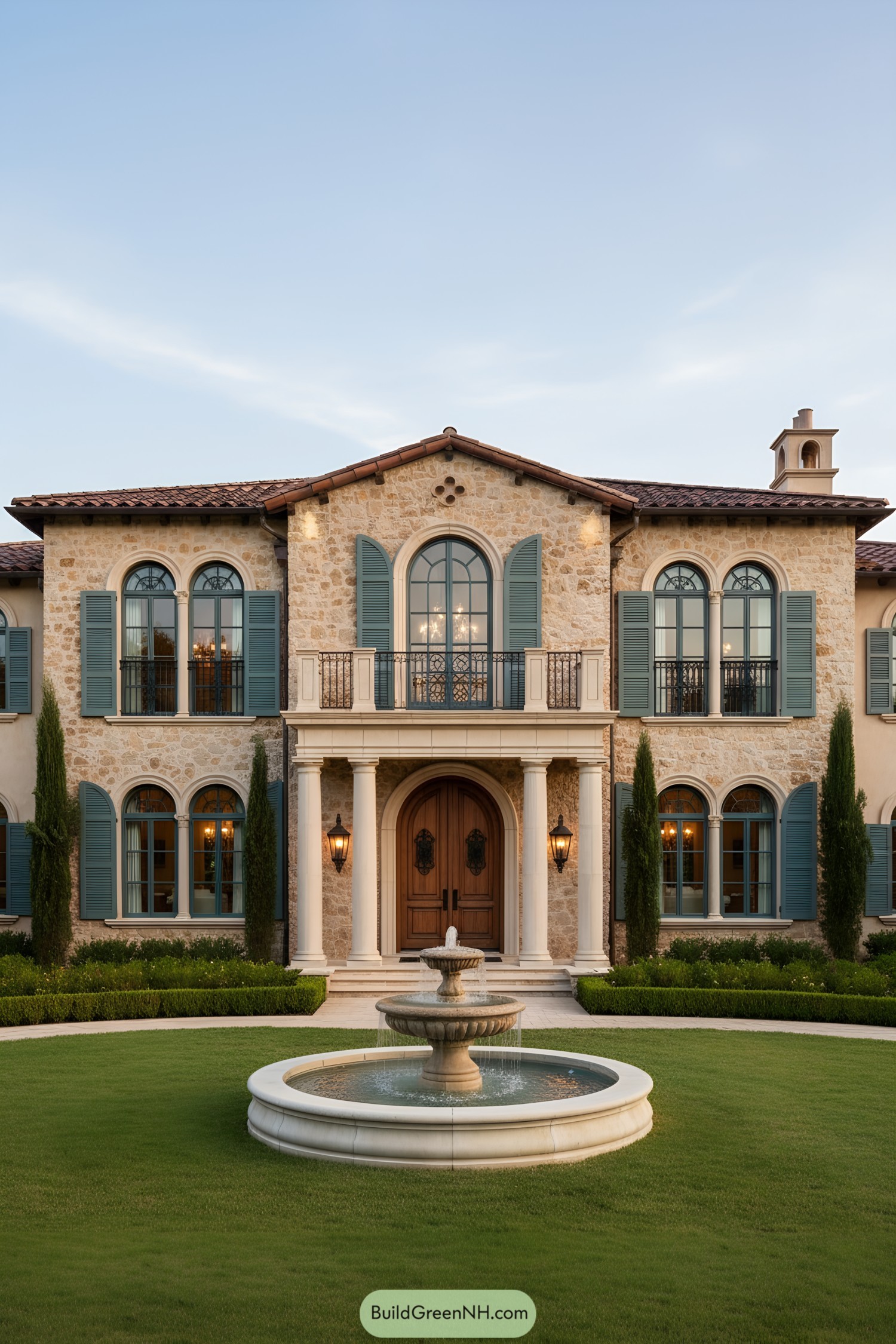 Elegant Mediterranean villa with stone facade and arched windows