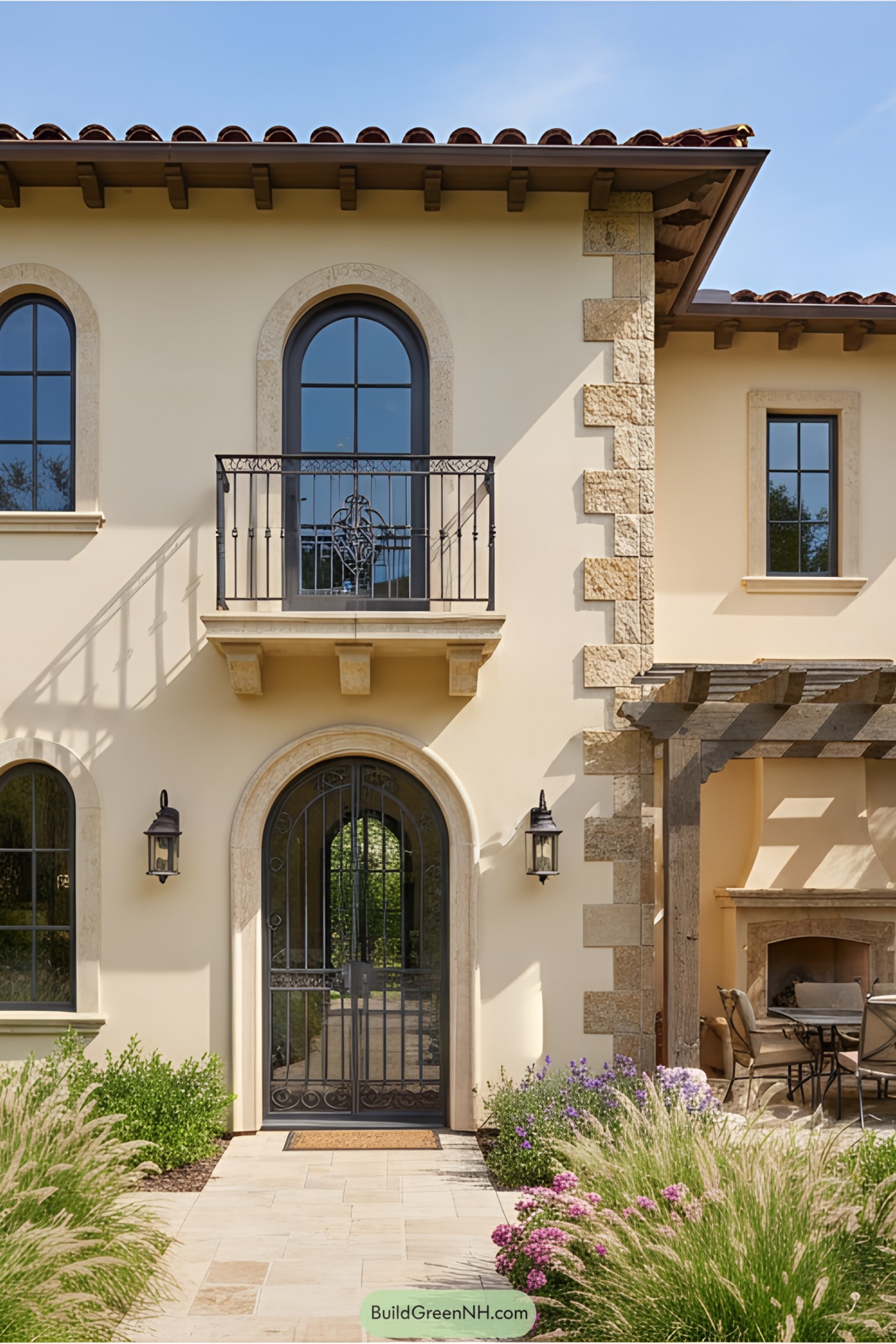 Mediterranean villa exterior with arches and patio