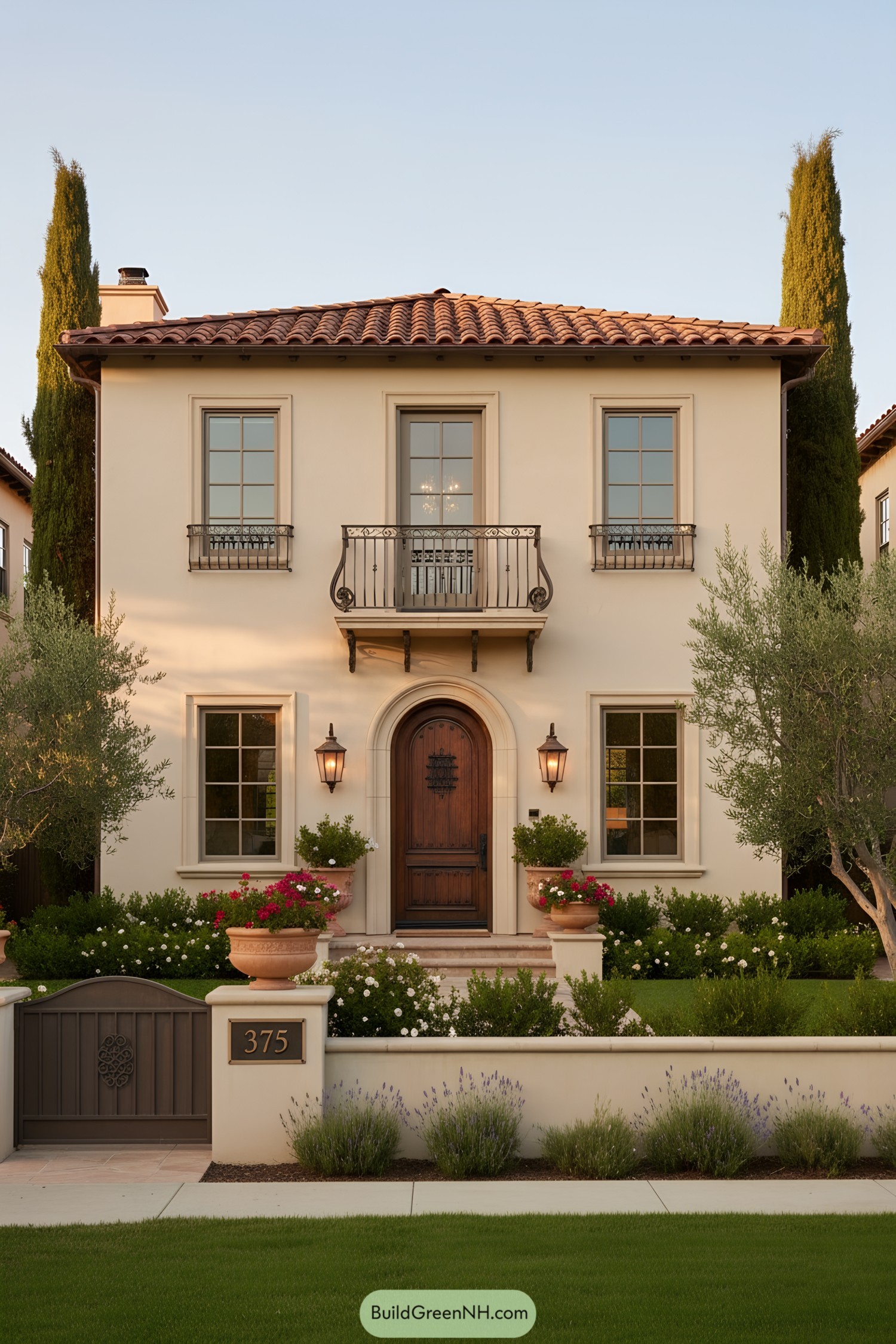 Mediterranean-style house with arched wooden door and balcony