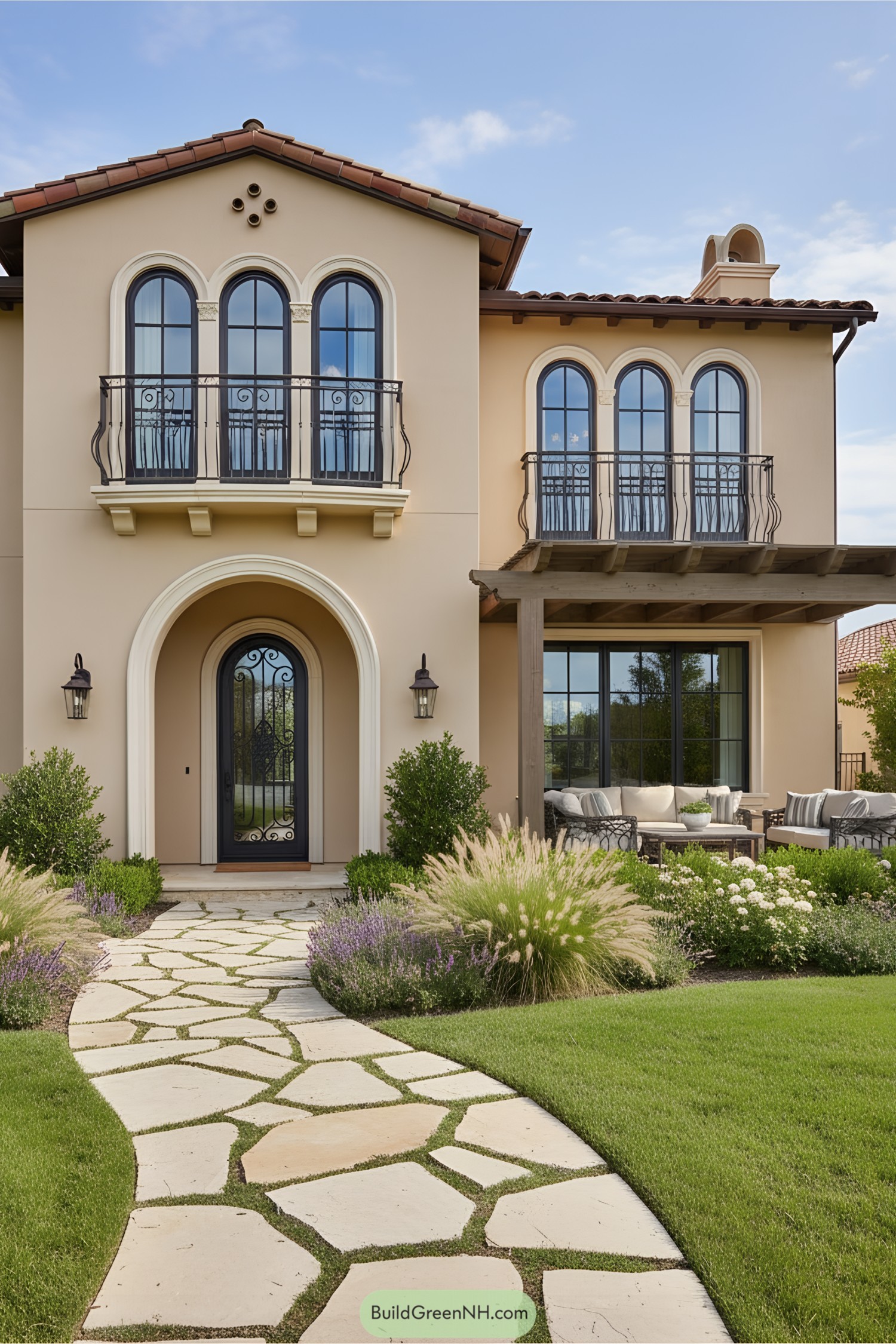 Charming Mediterranean villa with arched windows and lush garden