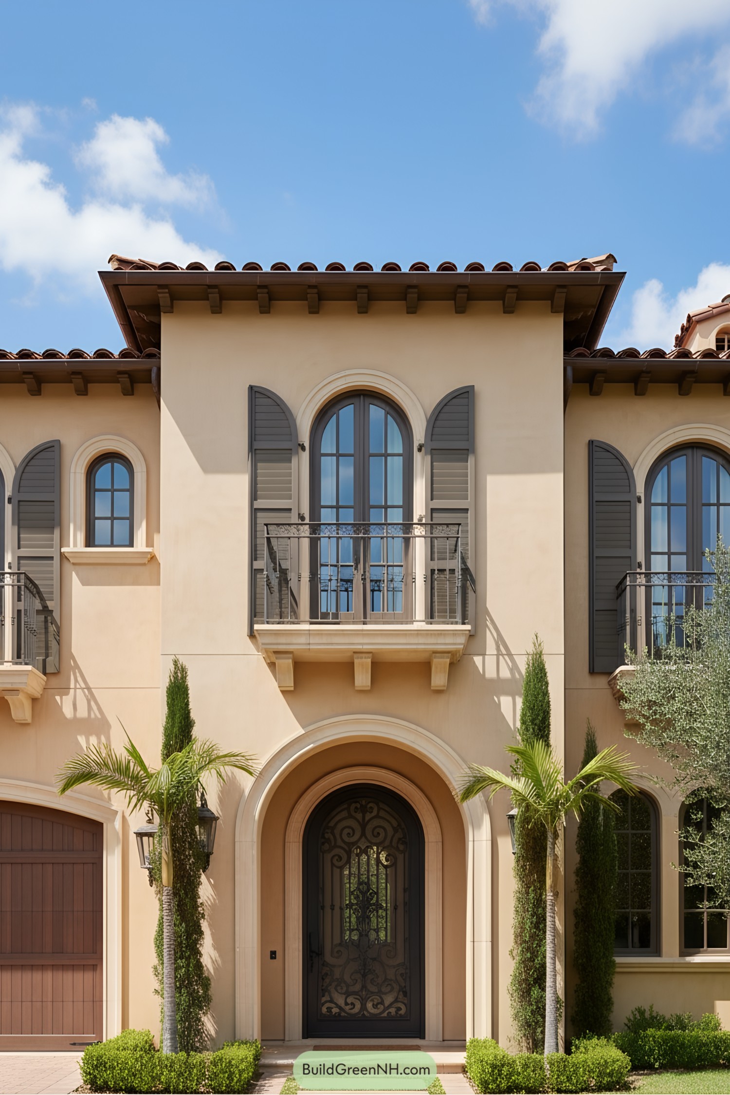 Elegant Mediterranean-style home with arched windows and palm trees