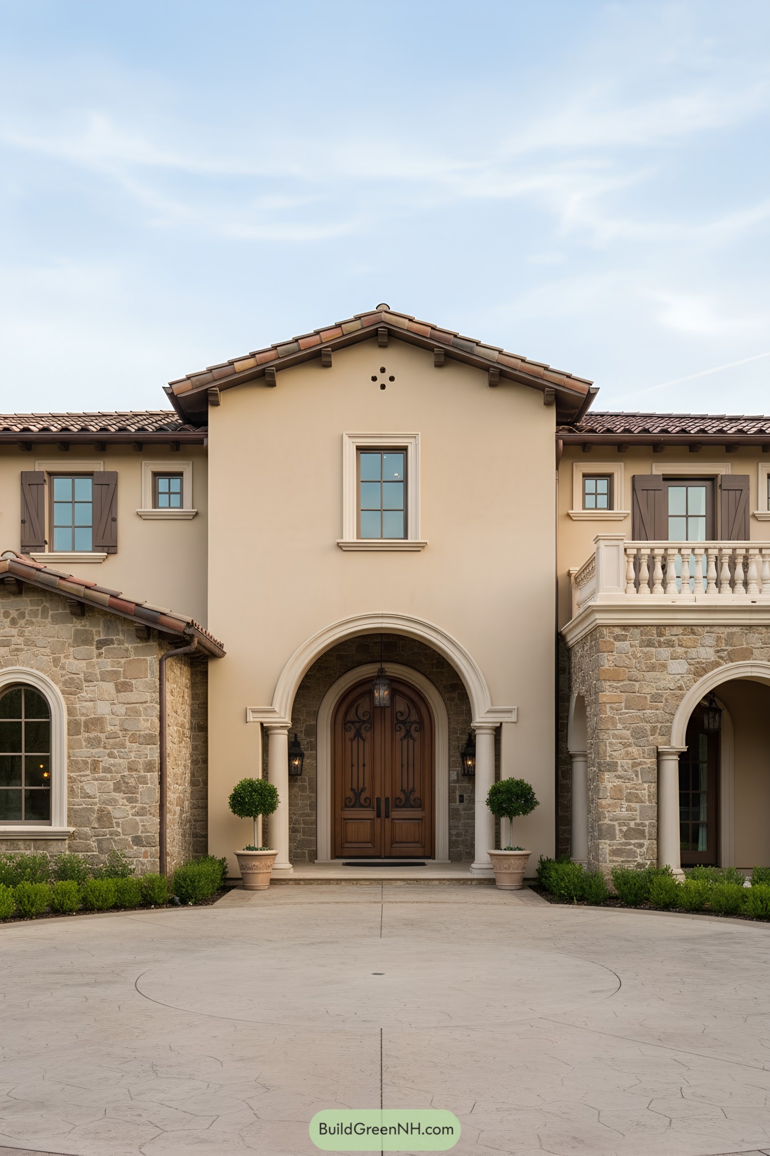 Elegant Mediterranean-style home with arched doorway and stone accents