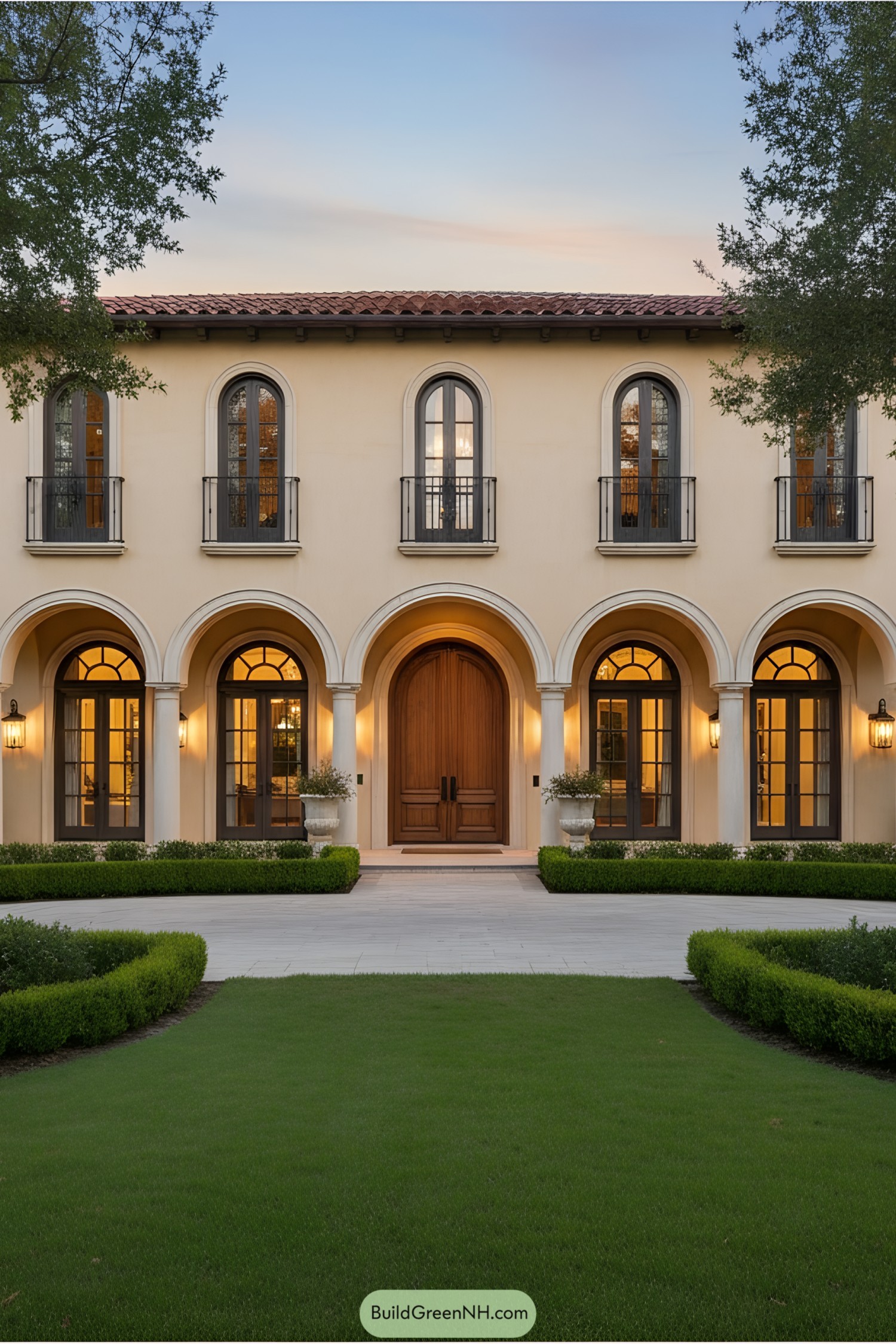Two-Story Mediterranean Home with Arched Windows and Doors
