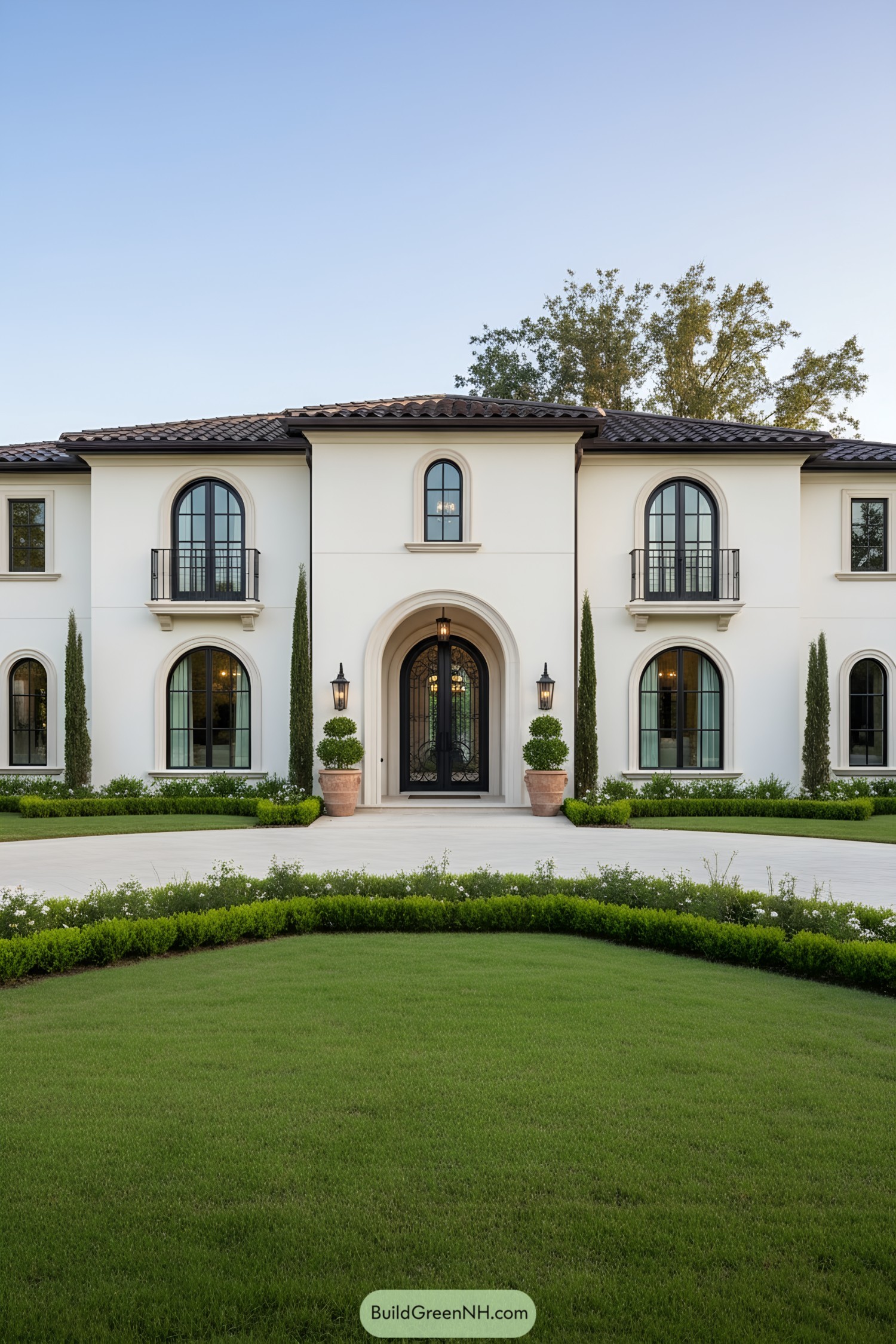 White Mediterranean villa with arched windows and lush greenery