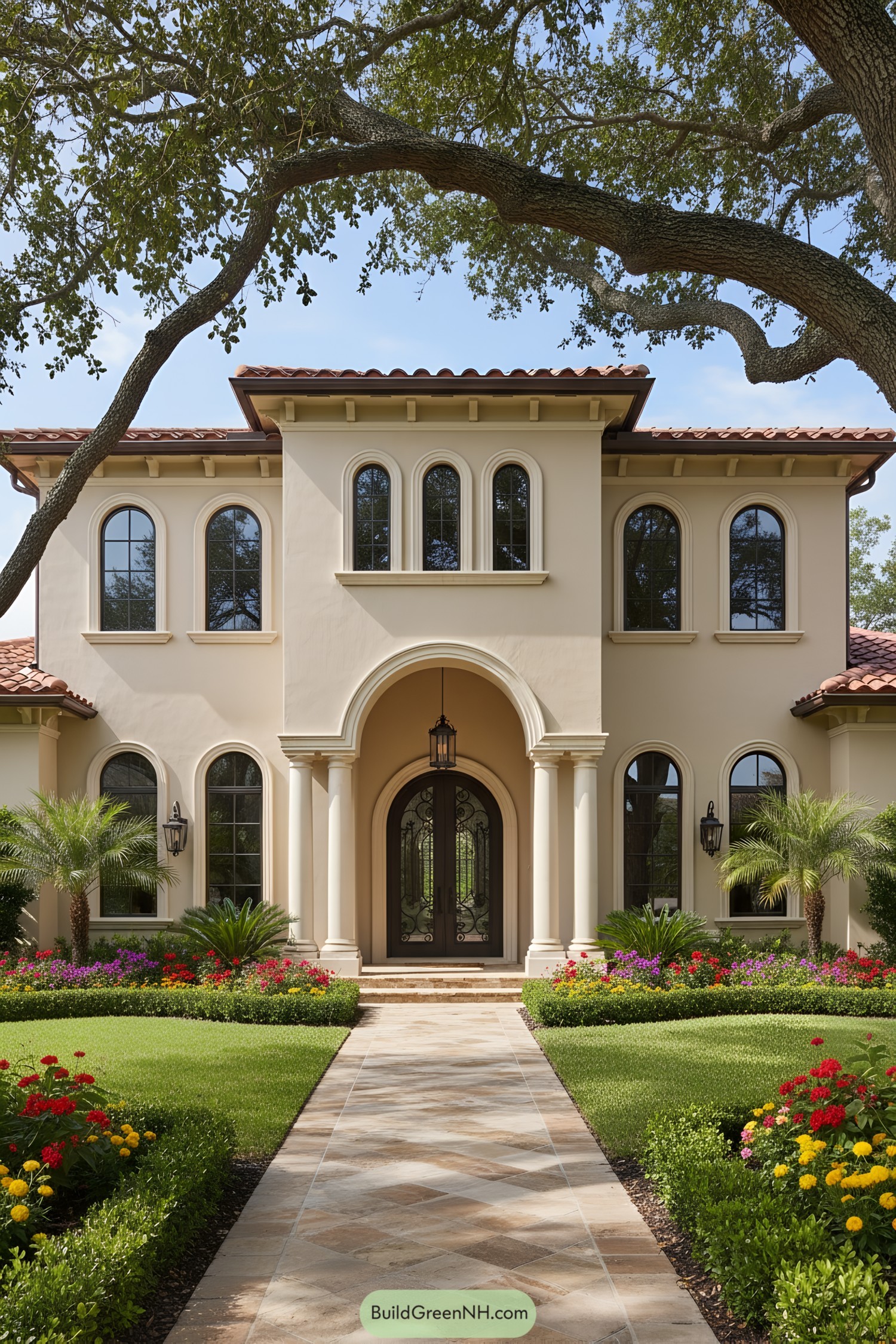 Two-story Mediterranean-style house with arched windows and lush garden