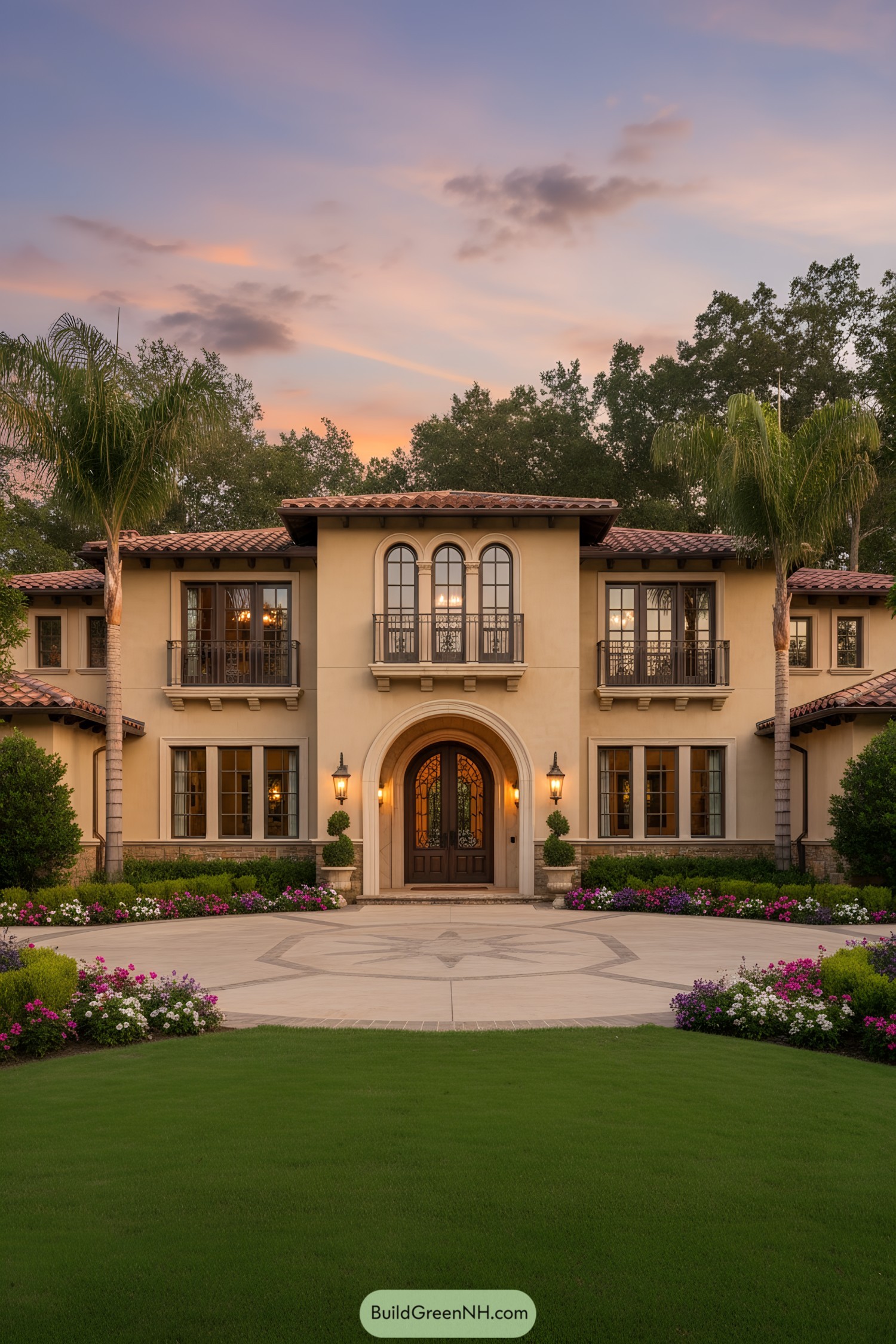 Lavish villa with balconies and lush landscaping