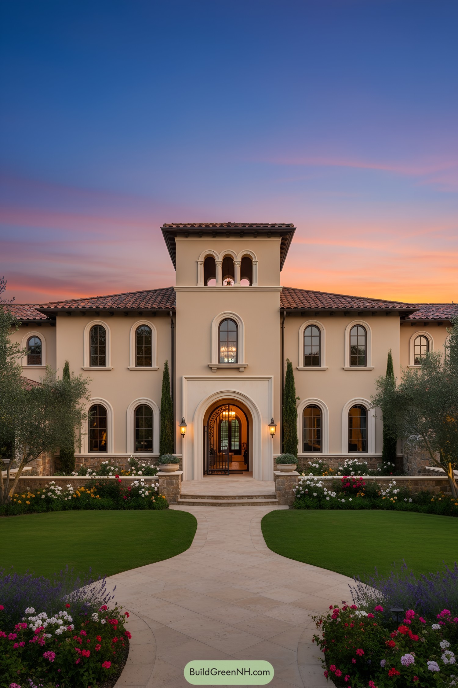 Mediterranean villa with arched windows and lush garden at sunset