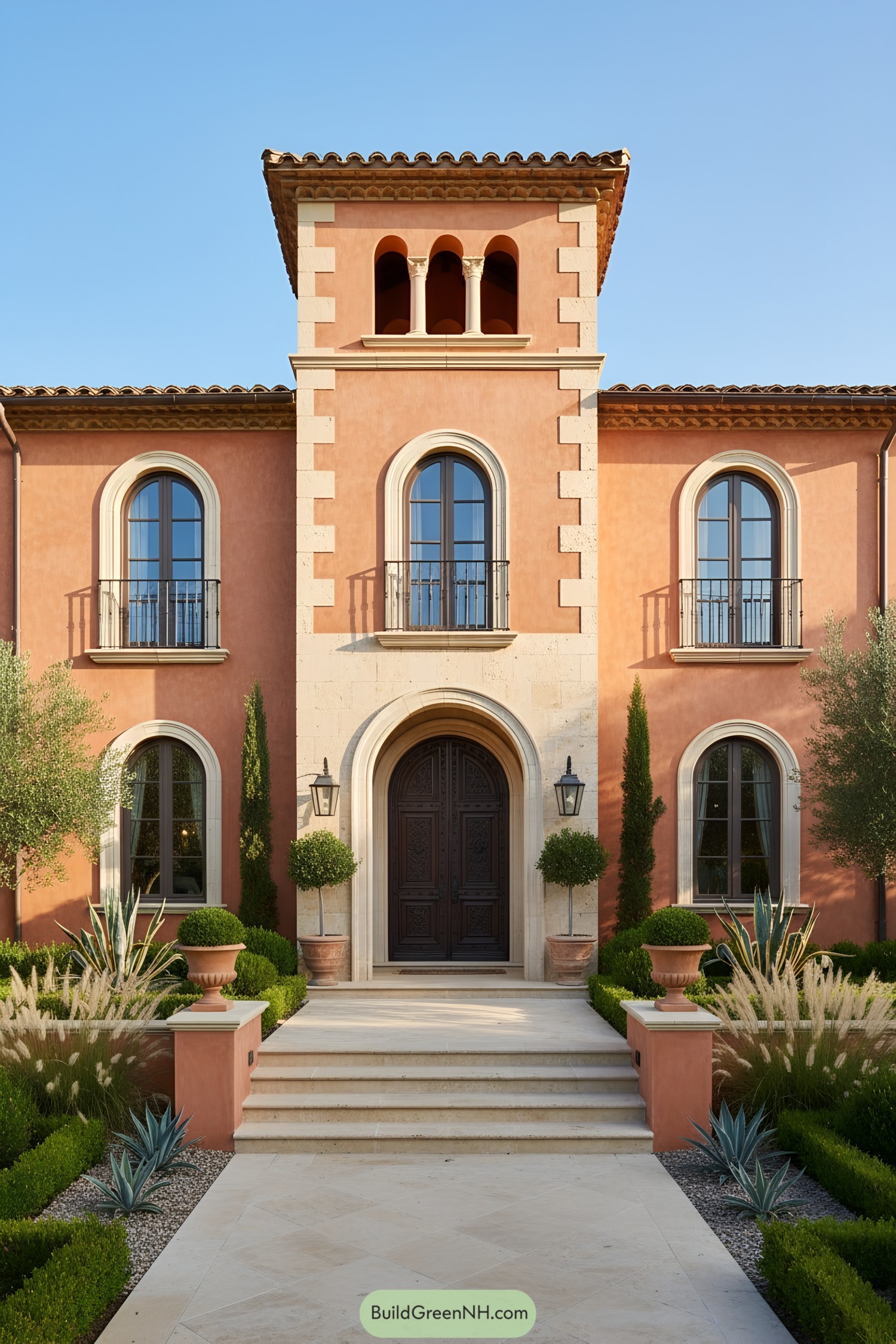 Mediterranean-style house with arched windows and lush landscaping