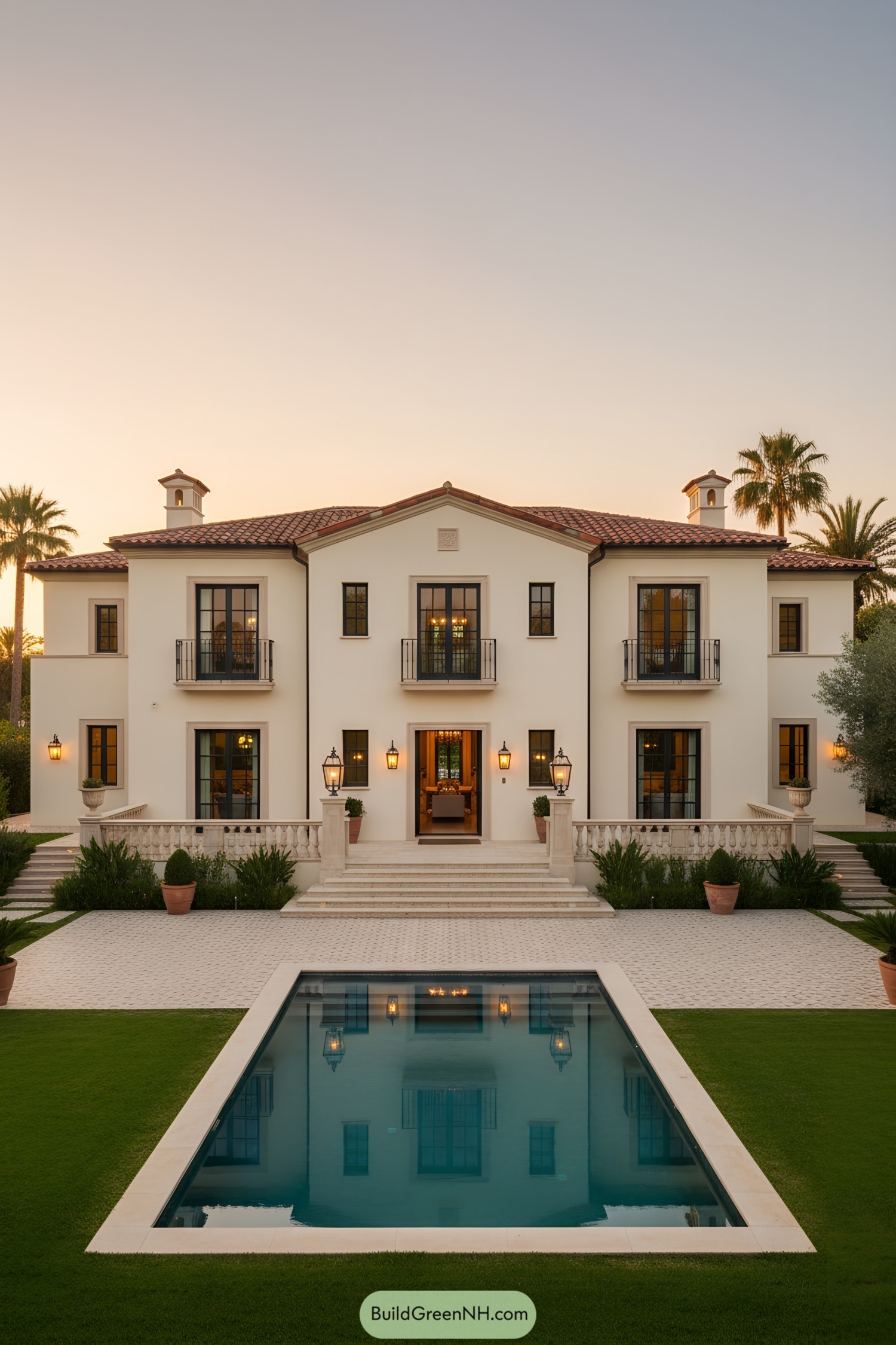 Elegant villa with terracotta roof and a reflecting pool