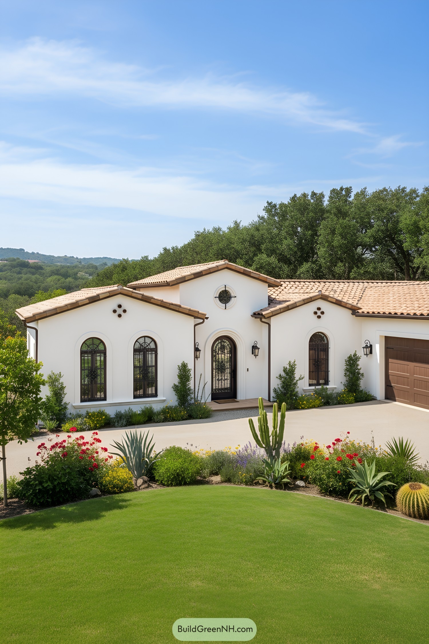 White villa with arched windows and lush greenery