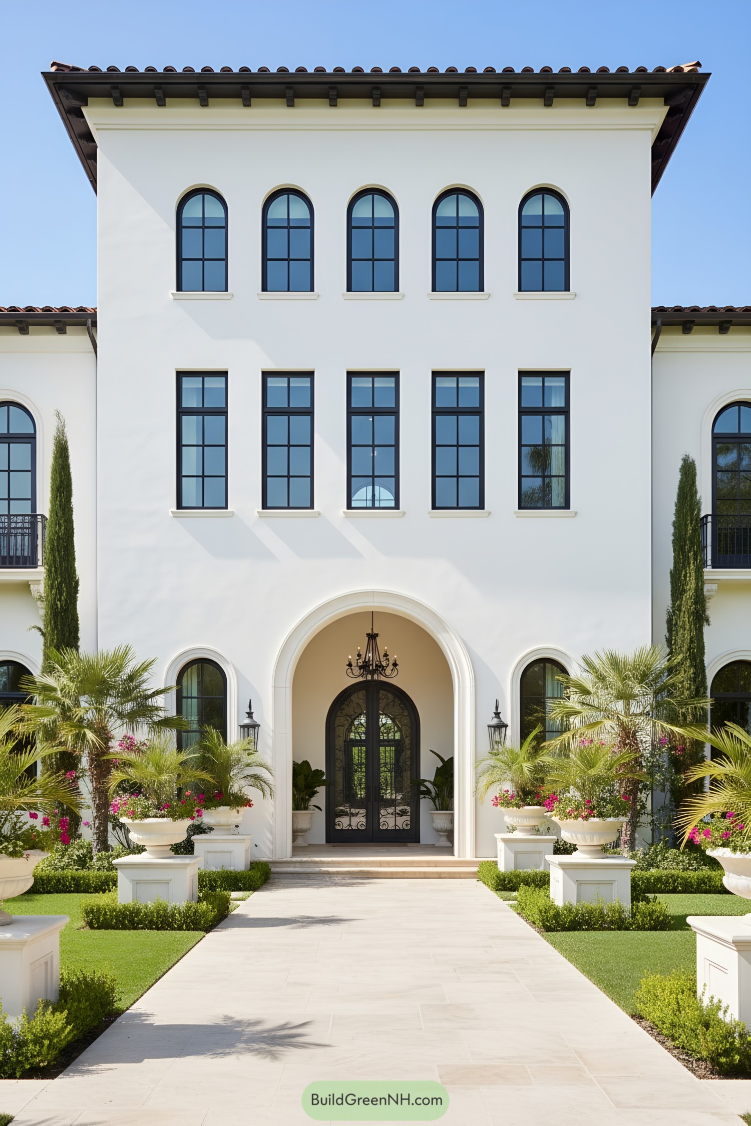 Front view of a grand Mediterranean-style house with palm trees and arched windows