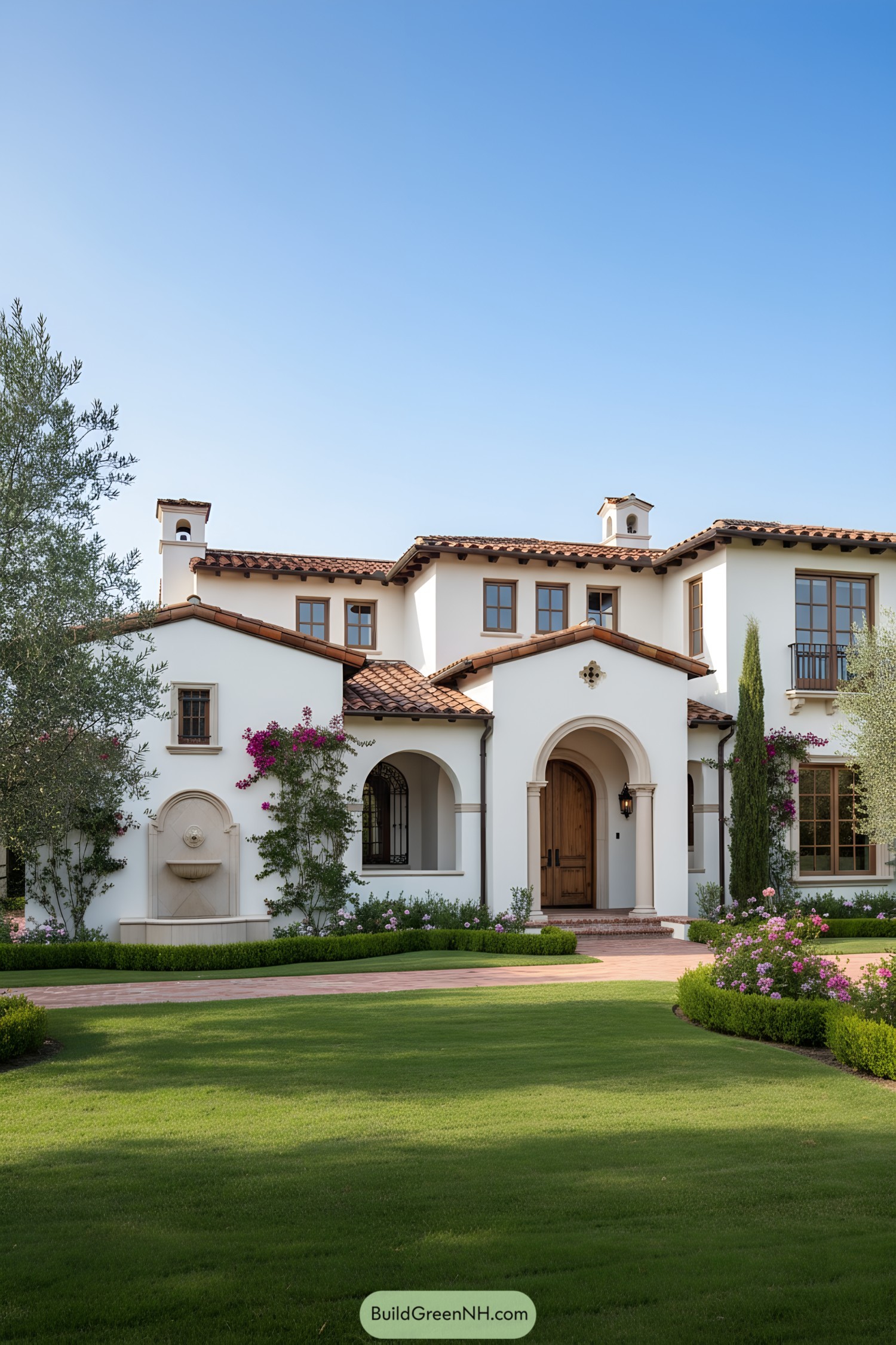Mediterranean-style house with terracotta roof and lush garden