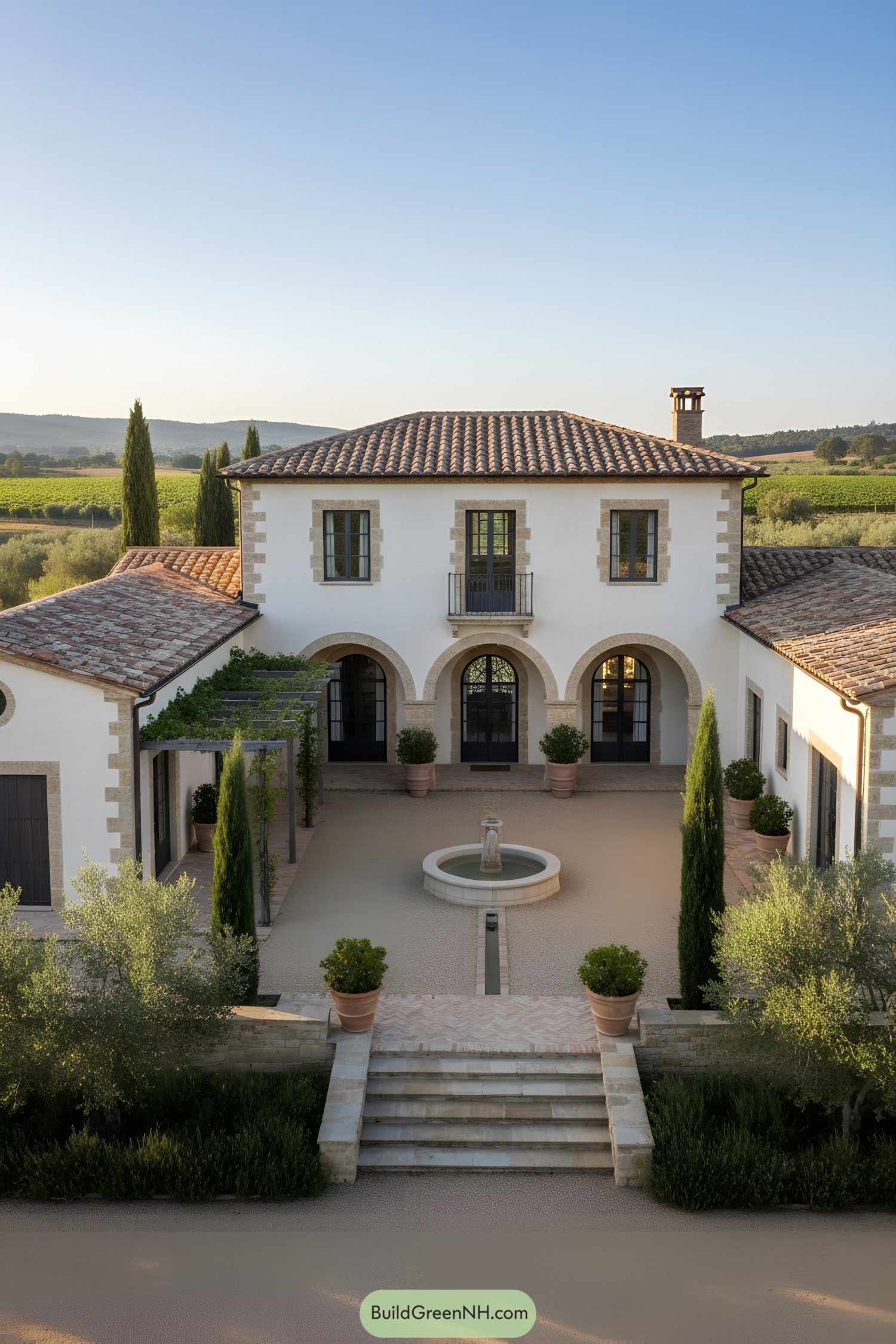 Mediterranean farmhouse with arched facade, tiled roofs, central fountain, and cypress-lined court