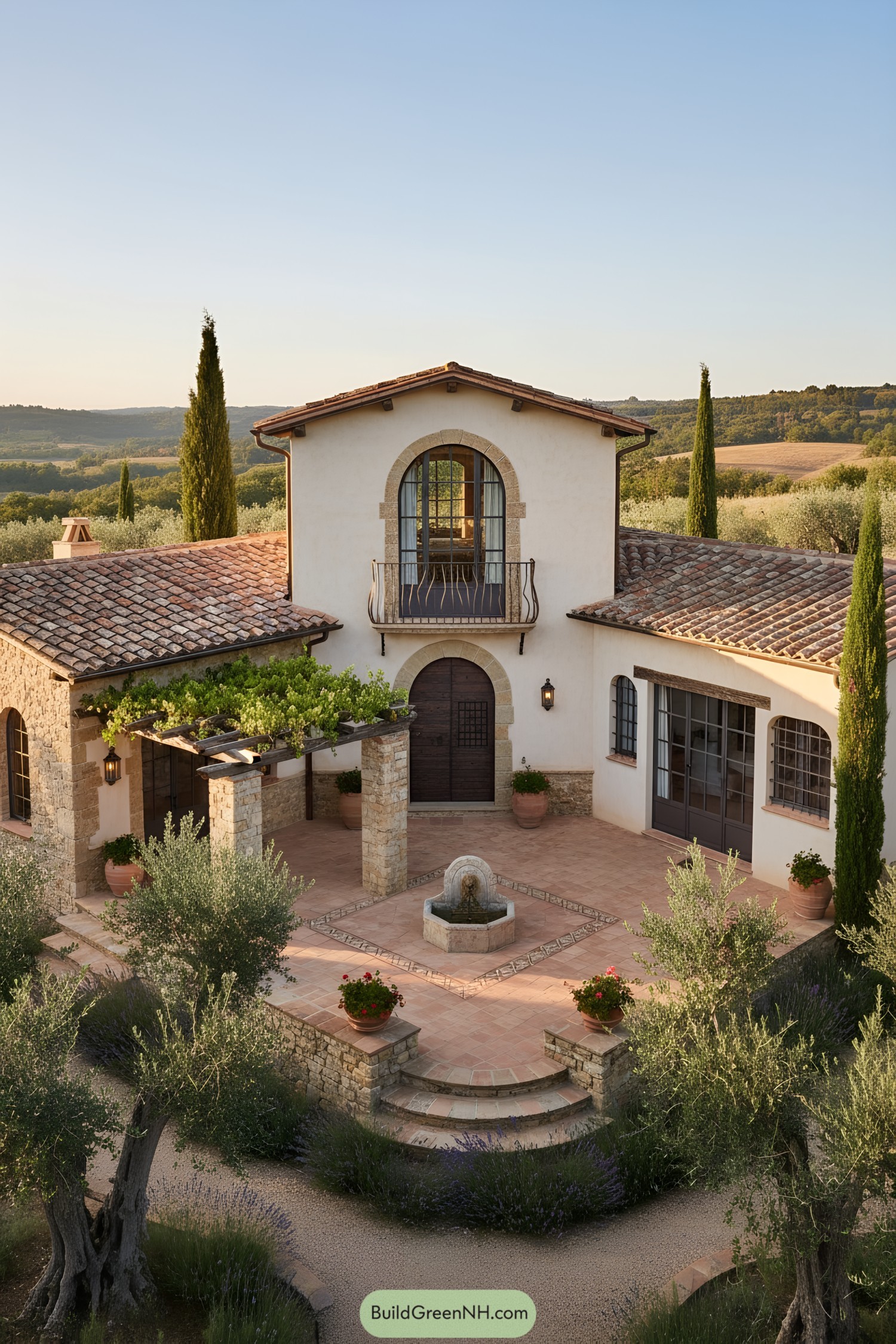 Mediterranean farmhouse with arched balcony, pergola, and central fountain