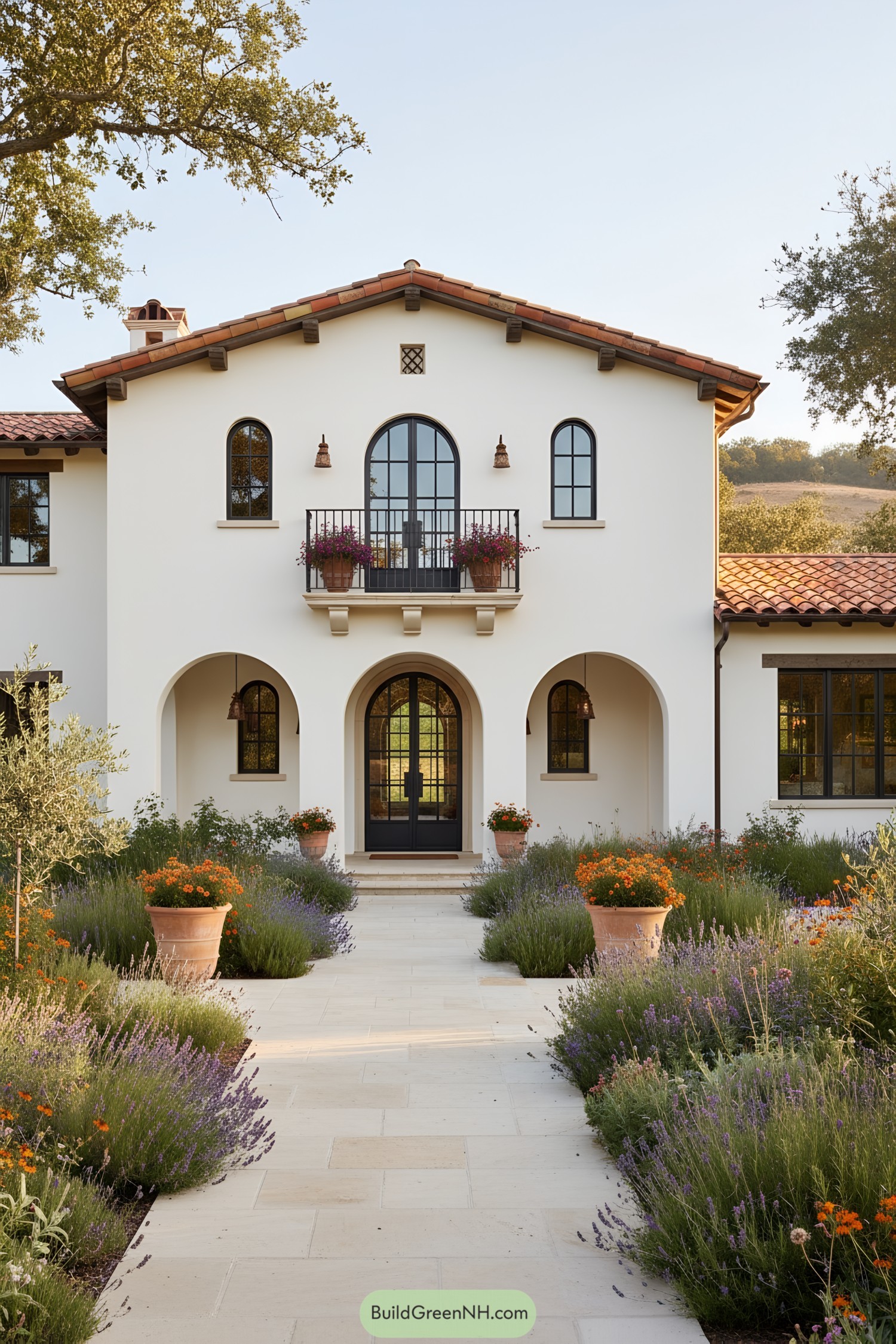 White stucco farmhouse with arches and terracotta roof
