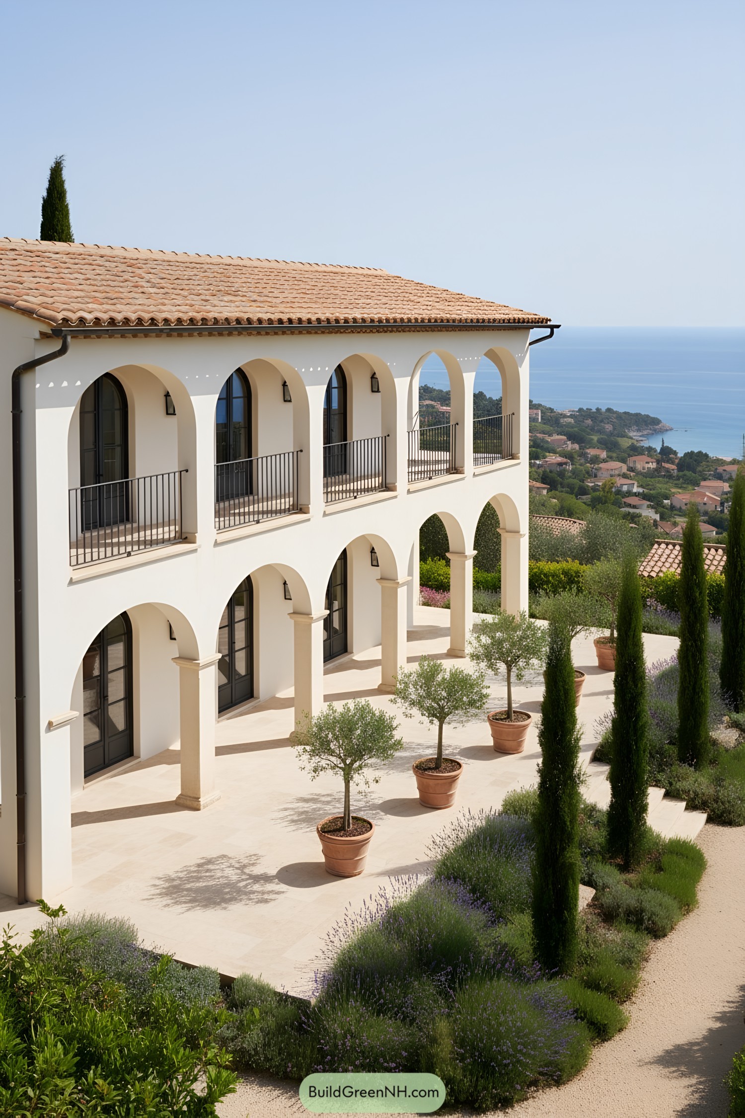 Two-Story arched villa with terracotta roof overlooking the sea