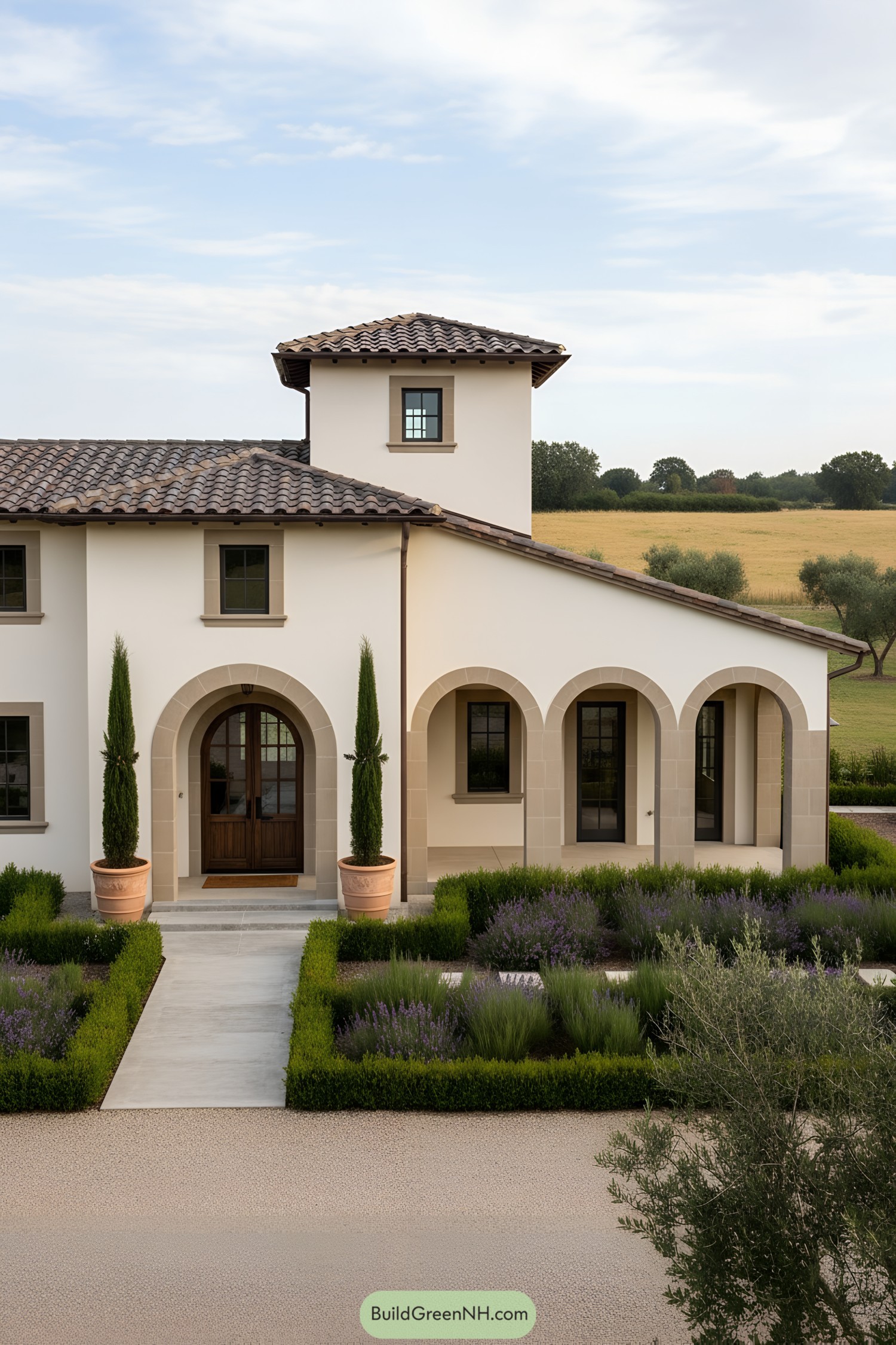 Stucco farmhouse with arched loggia, tower, and cypress-lined entry