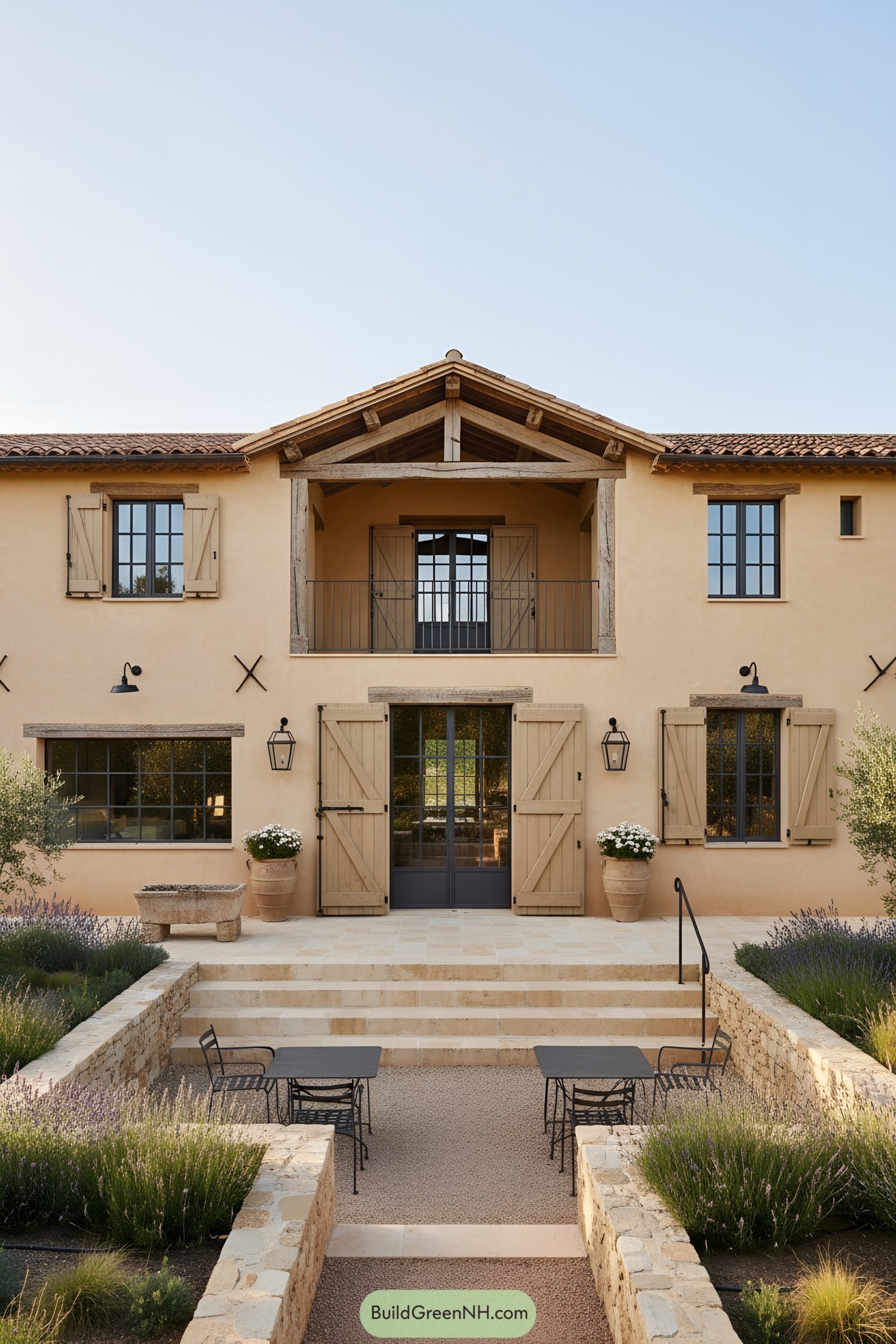 Stucco farmhouse with timber gable and shutters