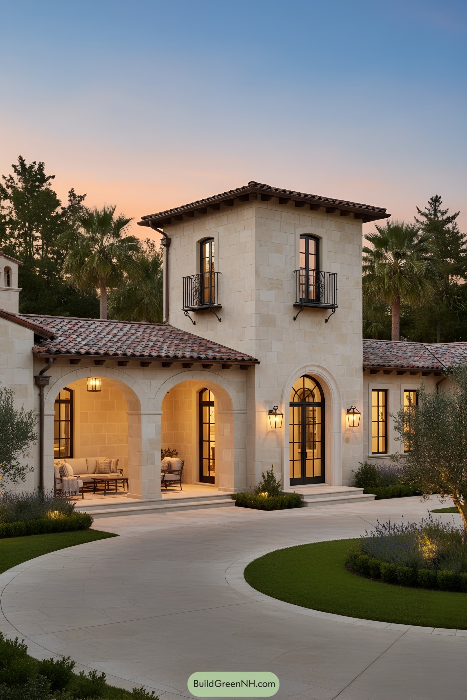 Mediterranean farmhouse with tower, arches, and wrought-iron balconies at sunset