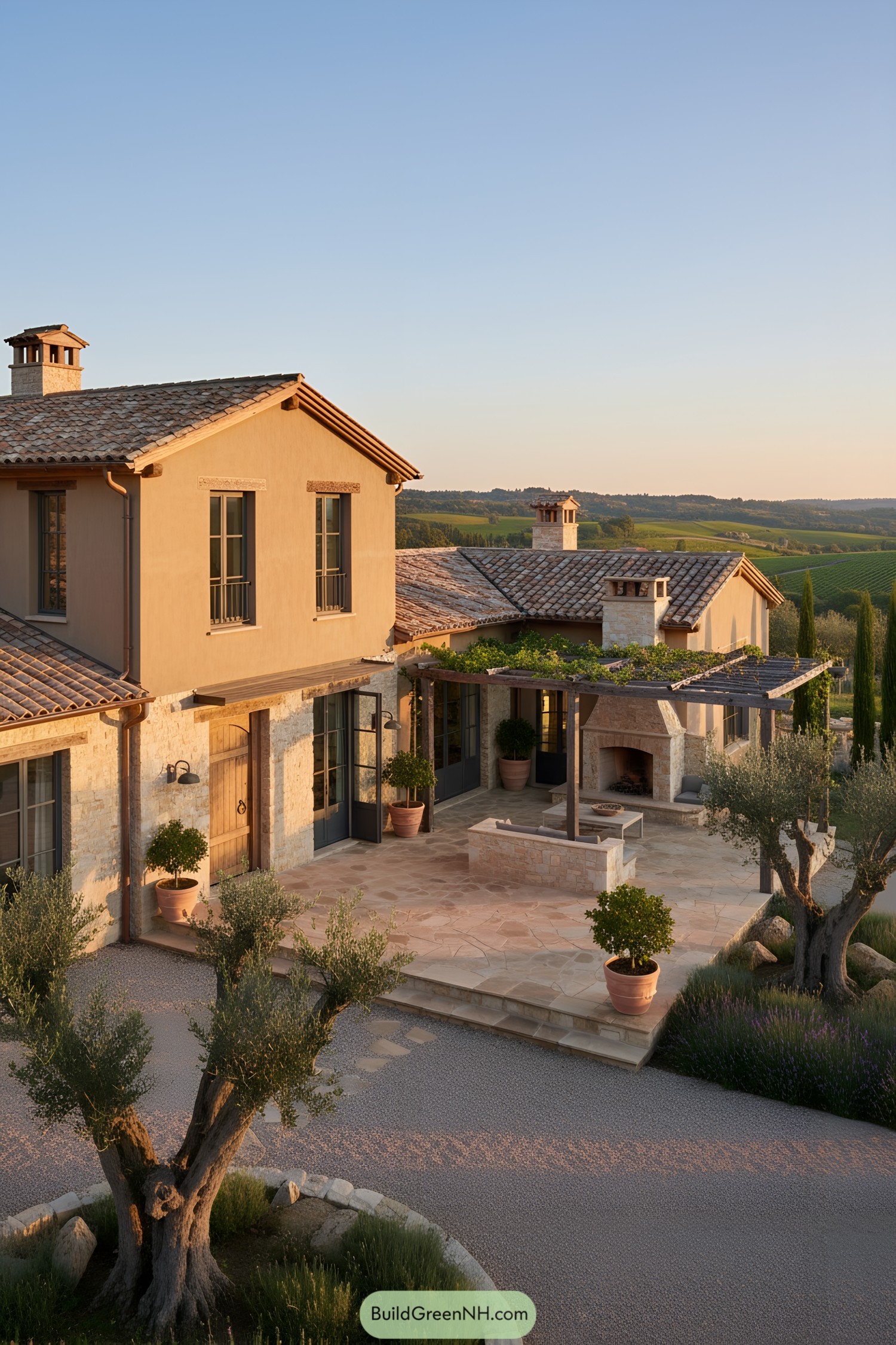Stone farmhouse with vine-draped pergola and fireplace
