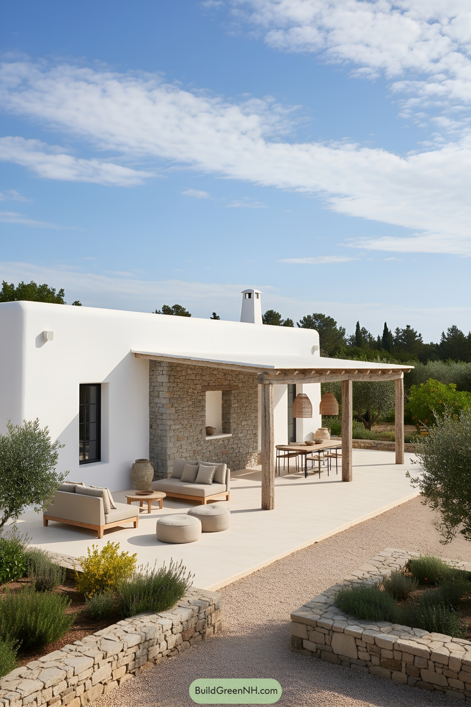 Whitewashed farmhouse with stone patio and pergola