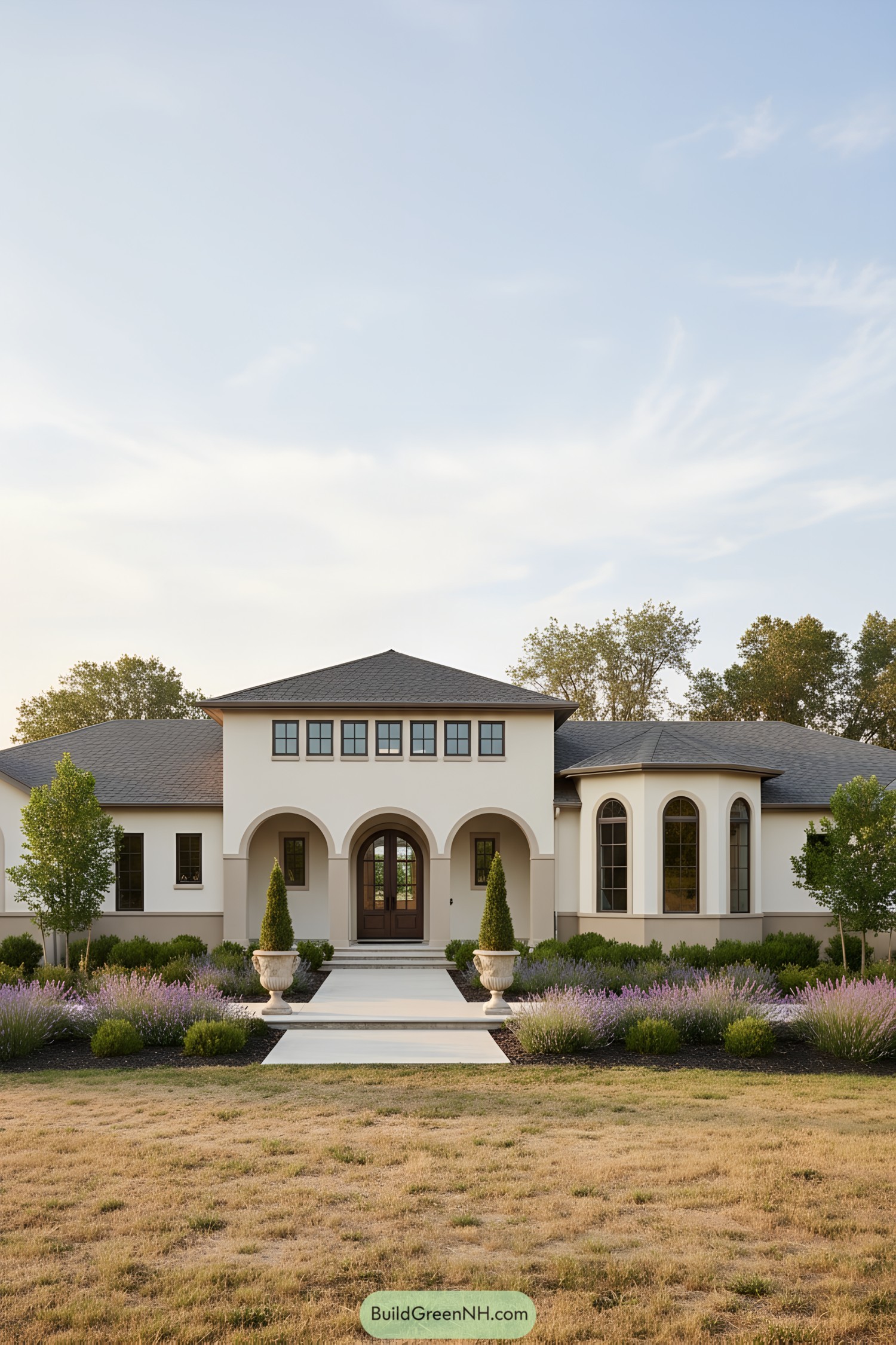 Creamy stucco farmhouse with triple-arch entry, hipped roofs, and tall arched windows framed by lavender borders