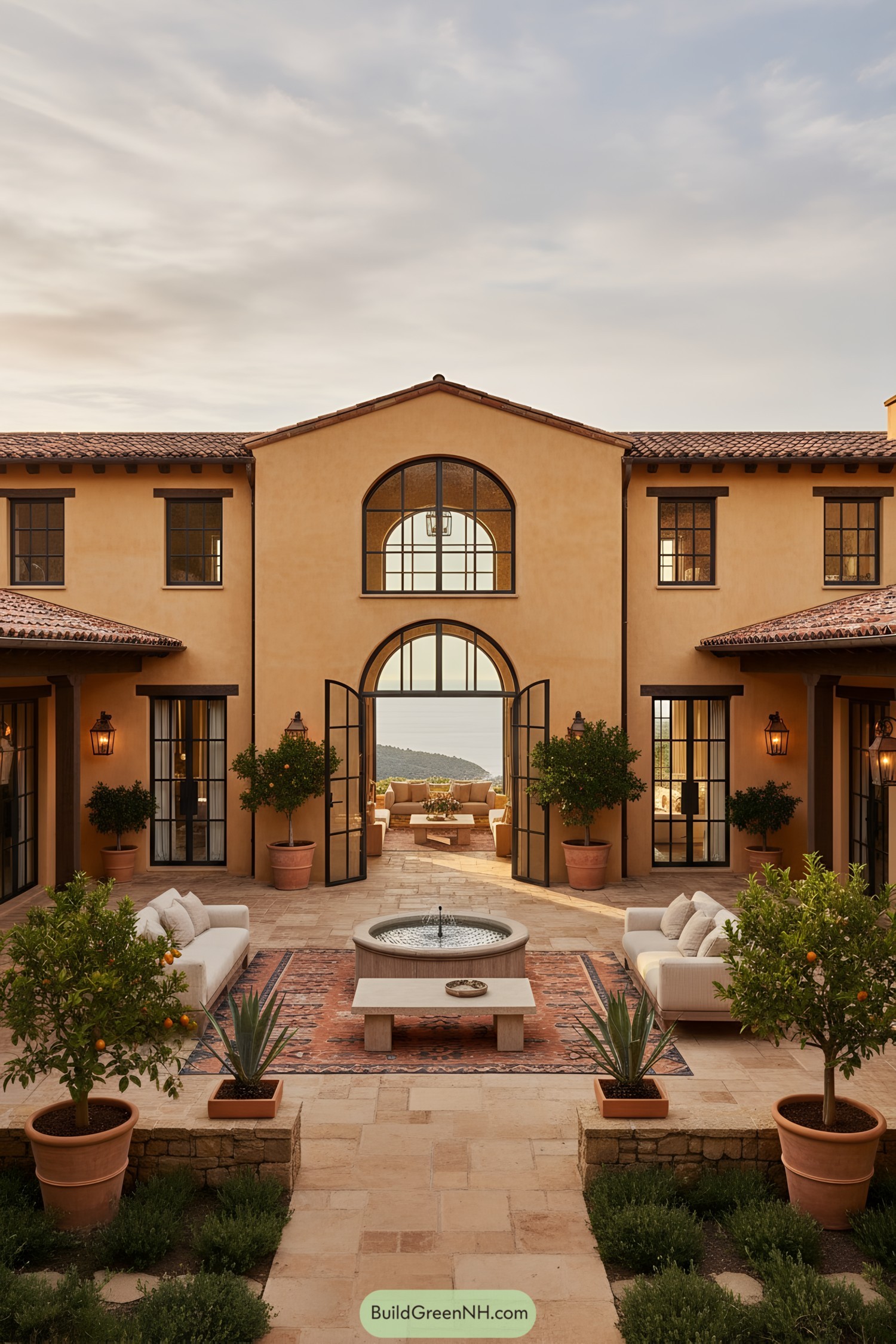 Stucco villa with arched doors and courtyard fountain