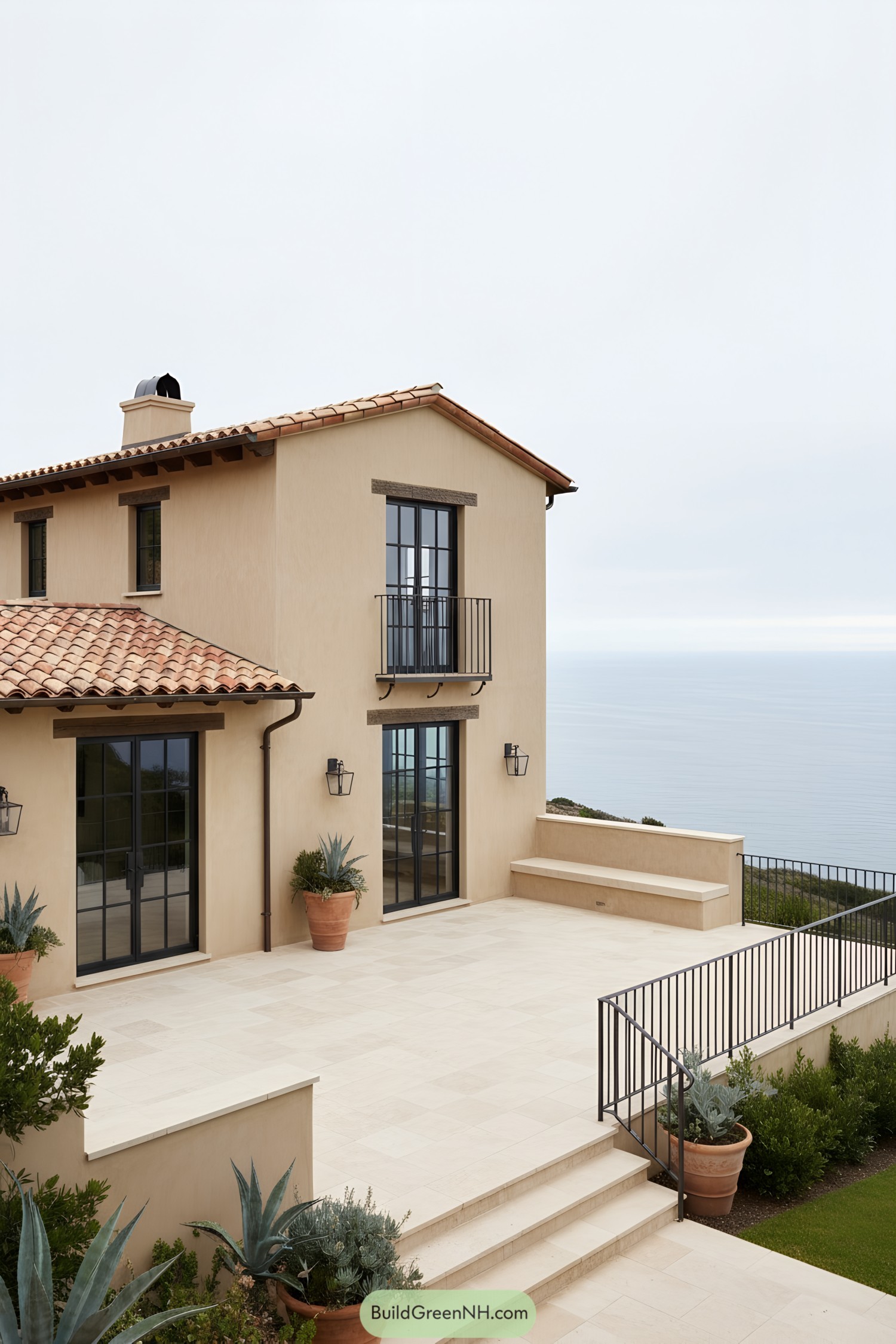 Stucco farmhouse with clay-tile roof, black steel doors, and ocean-view terrace