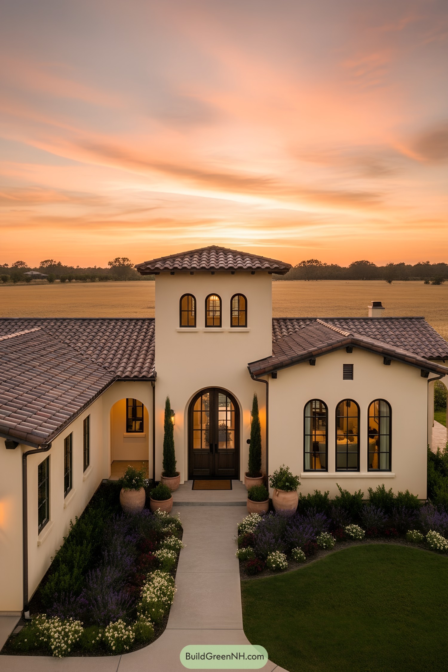 high-res photo of mediterranean farmhouse, Mediterranean Revival facade with smooth stucco, pronounced archways and deep eaves with wood corbels; warm ivory walls with dark bronze/charcoal trims; asymmetrical L-shaped massing, single story with a central raised entry tower and a recessed porch; materials include smooth stucco walls, stucco moldings, dark wood soffits/fascia, black metal accents; low-pitched hipped roofs in dark flat clay/concrete tiles with wide overhangs and clean ridge lines; windows mixed arched and rectangular, deep-set with black metal frames and divided lights, triple arched group on right wing, paired rectangular units on left, small arched clerestory windows on the tower; arched double entry doors in dark wood with glazed panels and bronze hardware, secondary arched side opening; outdoor area with a narrow concrete walkway and a modest covered portico, wall-mounted sconces; landscaping with tall potted Italian cypress flanking the entry, terracotta urns, neat beds of lavender, ornamental grasses and seasonal blooms; surrounding background of expansive golden dry field with sparse distant trees; sunset scene with warm golden-hour glow, subtle facade uplighting, orange-pink clouded sky.