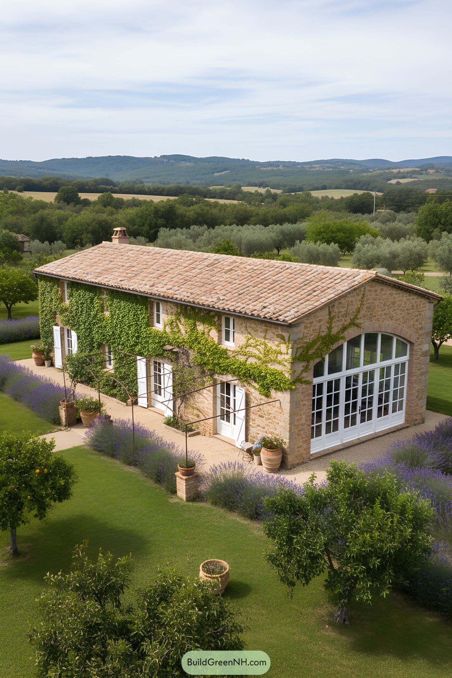 Farmhouse with ivy, stone walls, and arched glazing