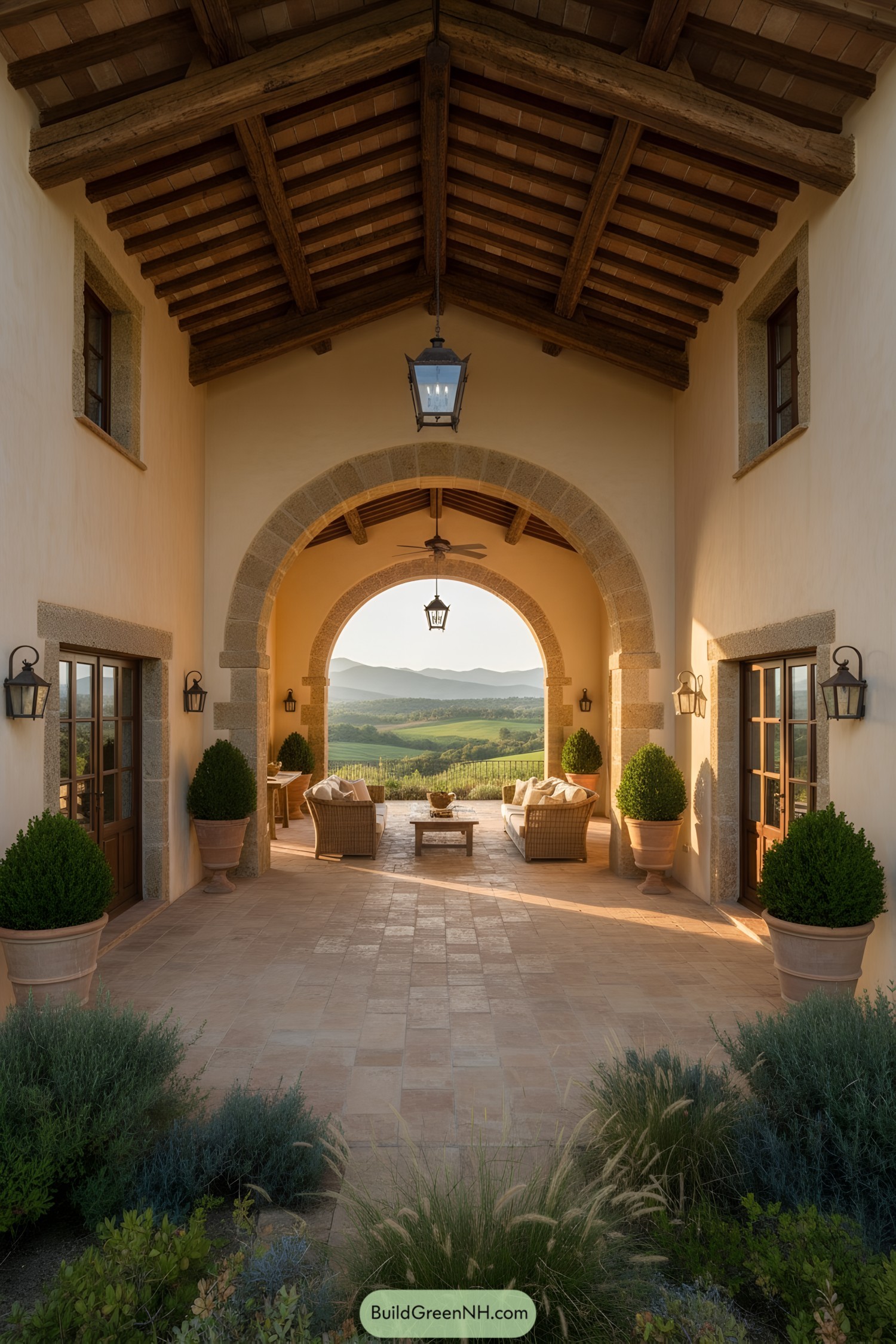 Arched stone loggia with rustic beamed roof
