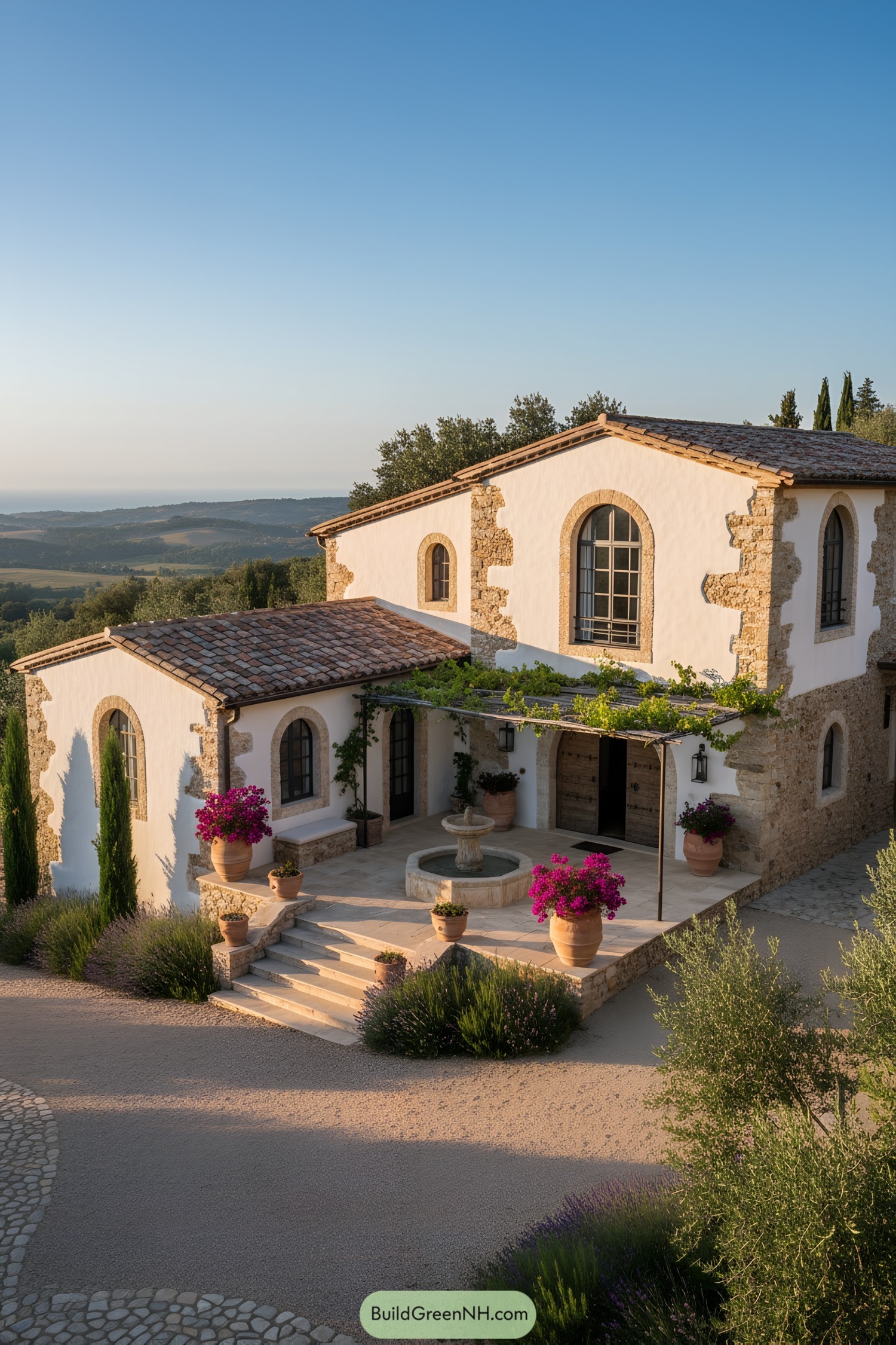 White stucco farmhouse with tiled roof, arched windows, vine-draped pergola, and central courtyard fountain