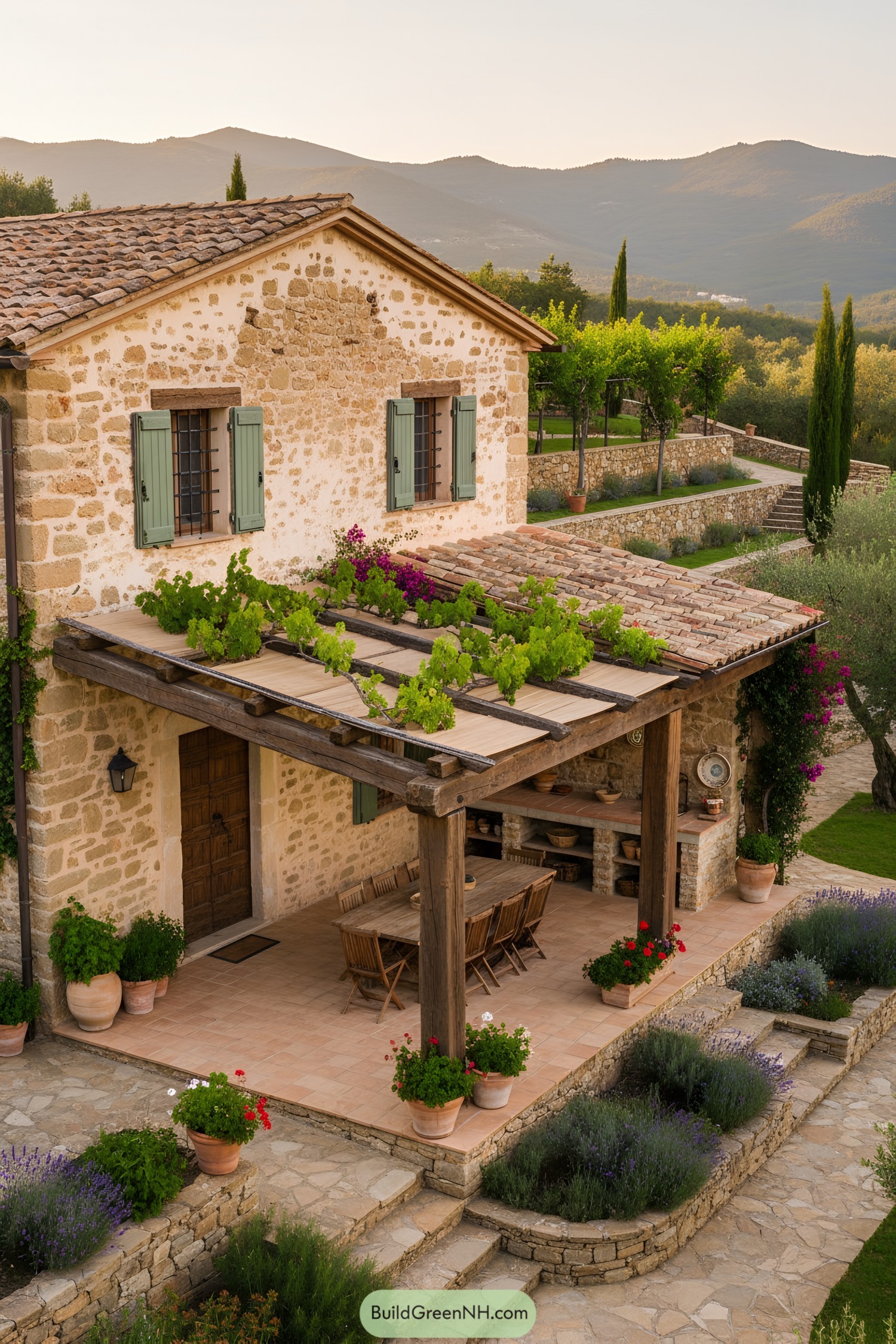 Rustic stone farmhouse with vine-covered pergola and green shutters