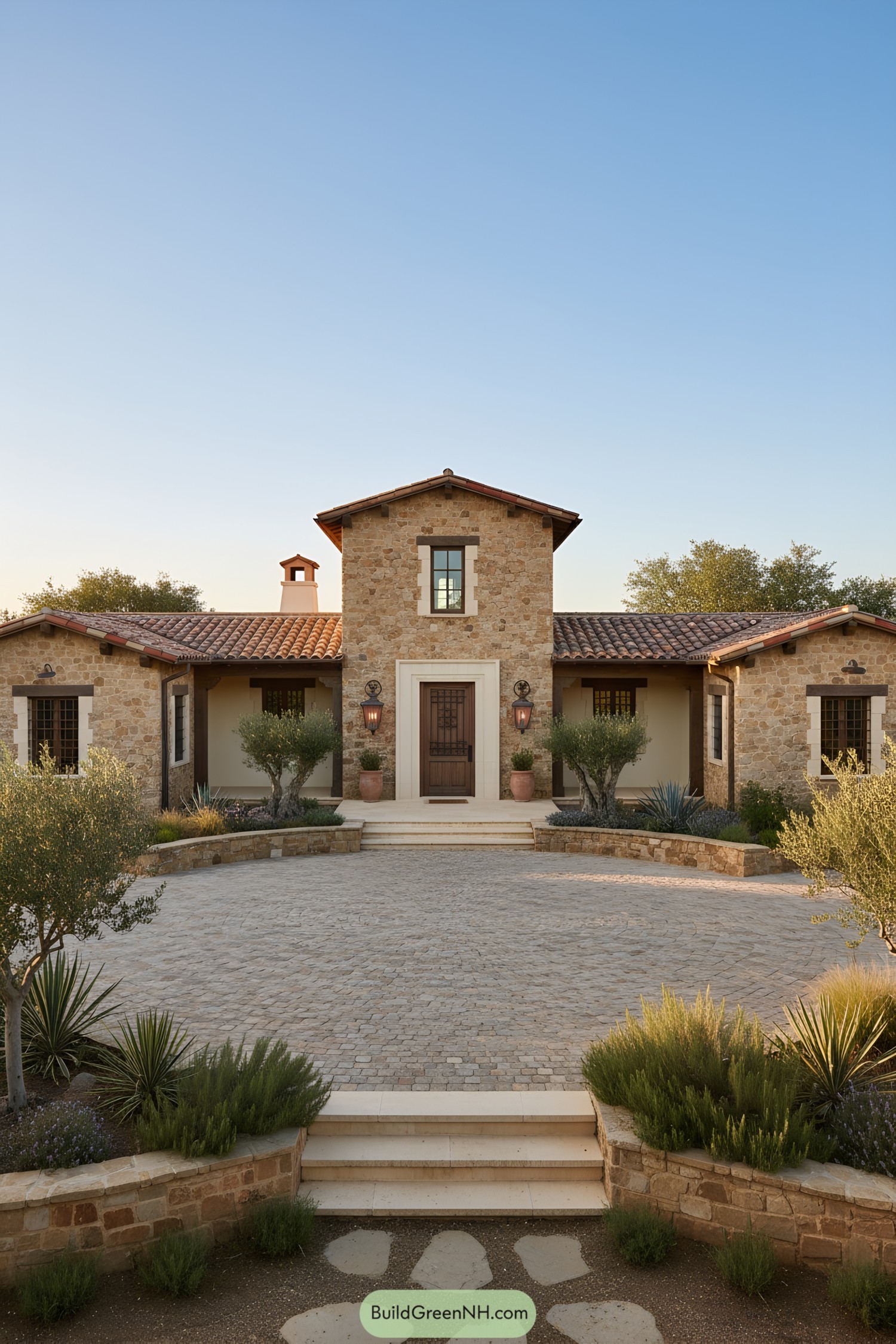 Stone-clad Mediterranean farmhouse with central tower, terracotta roof, and cobblestone motor court