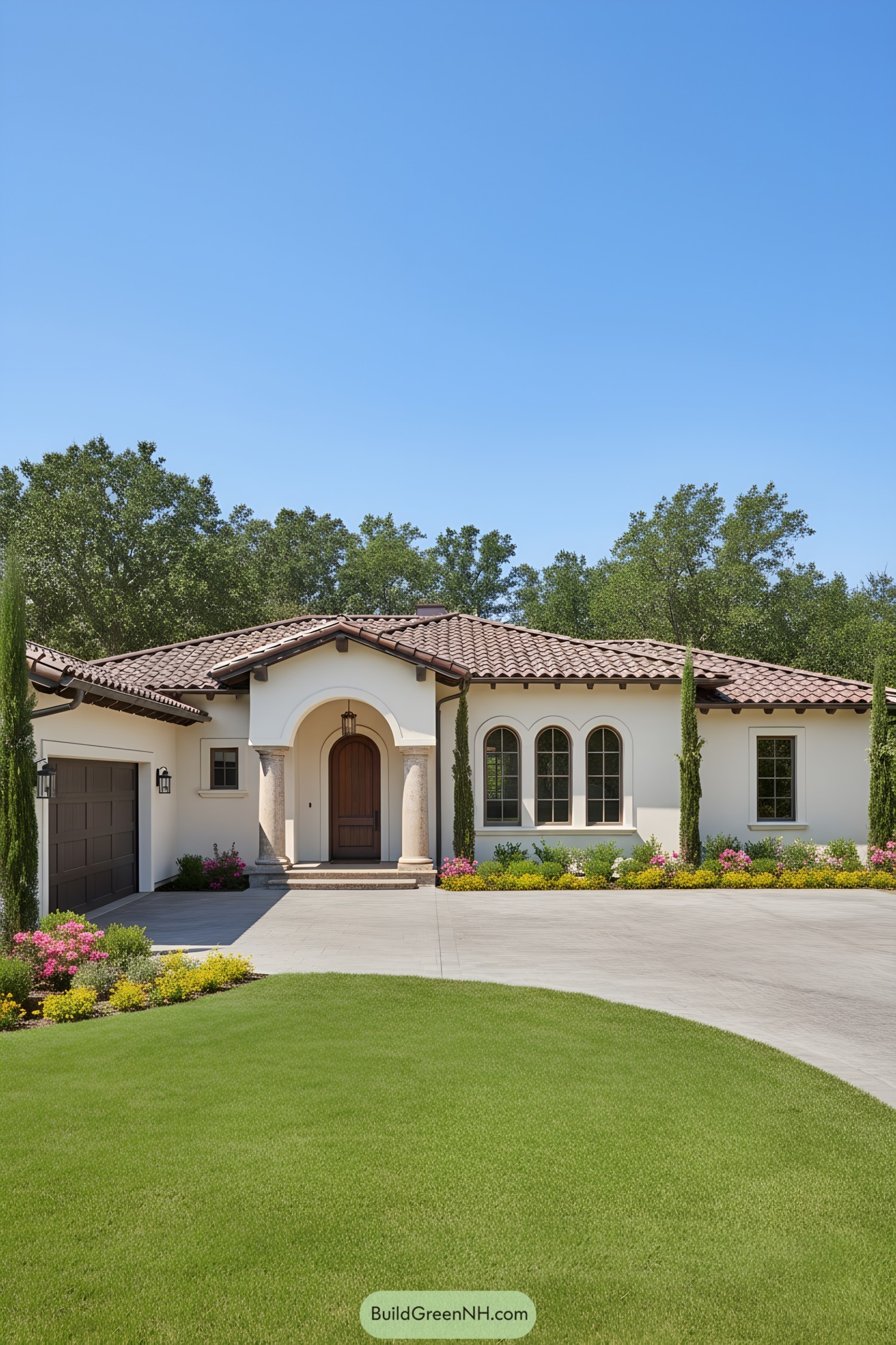 Single-story Mediterranean farmhouse with arched entry and clay tile roof