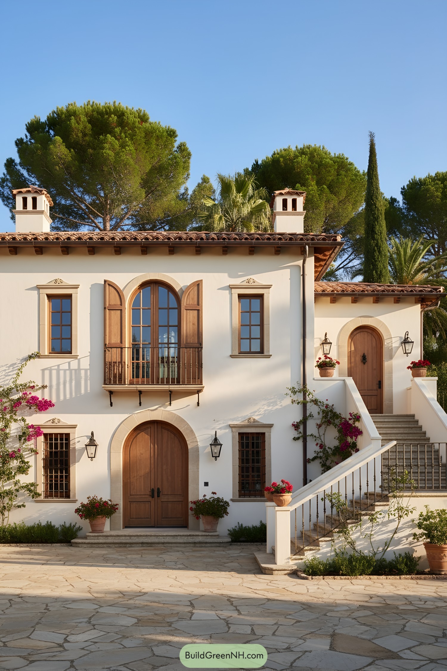 Two-story stucco farmhouse with arched wood doors, iron balcony, and clay tile roof framed by cypress and palms
