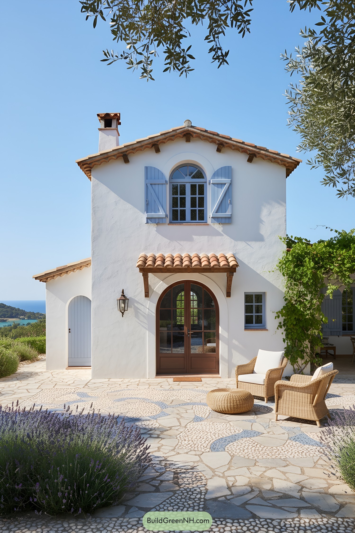 White stucco farmhouse with blue shutters and terracotta roof by the coast