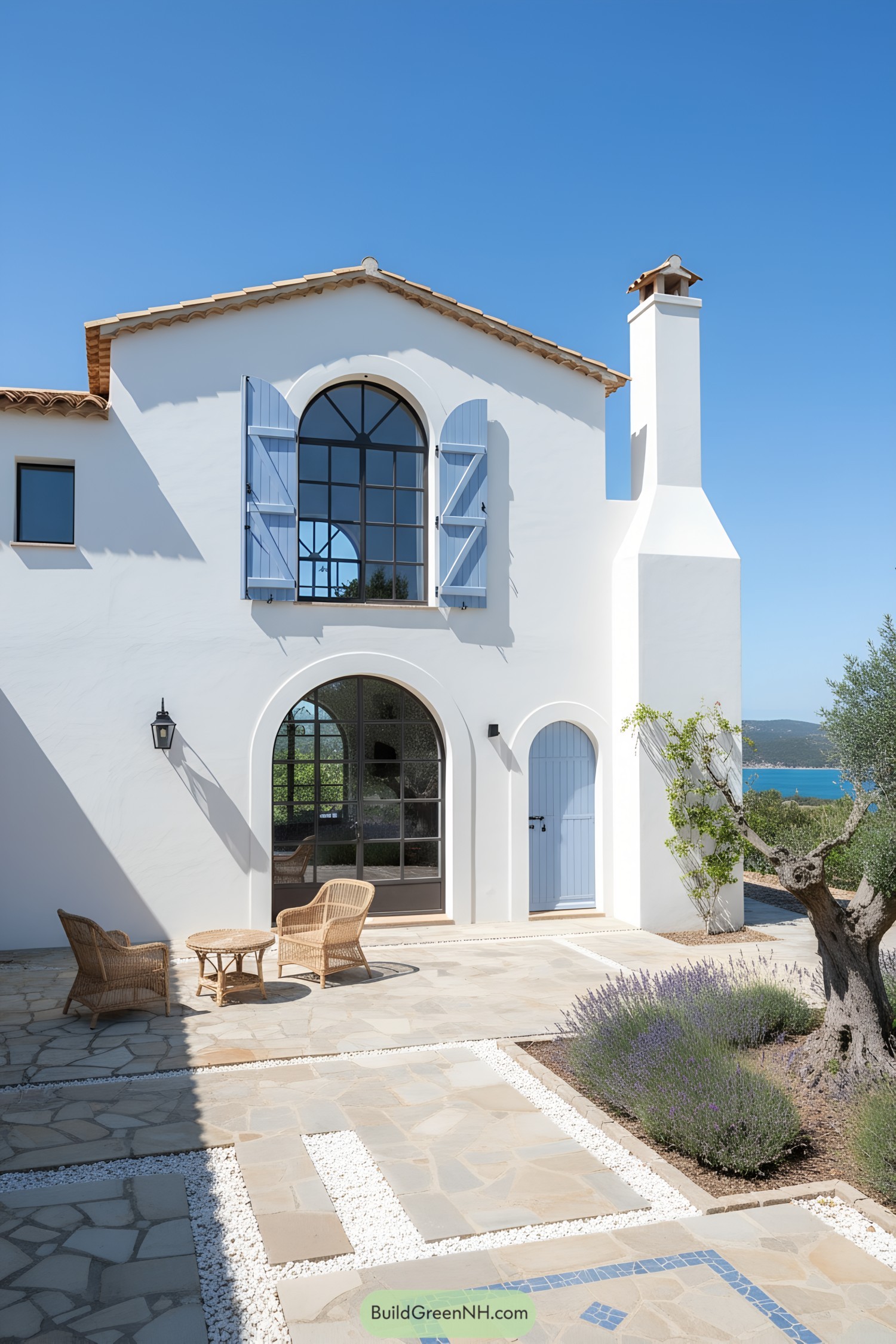 Whitewashed farmhouse with arched steel windows, pale-blue shutters, and a tiled courtyard