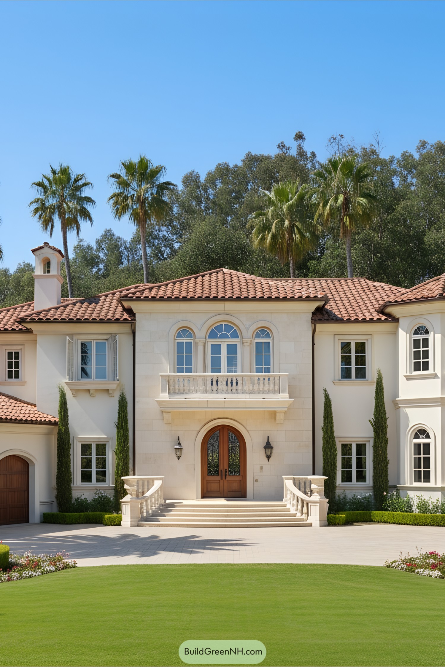 Elegant Mediterranean mansion with a red-tiled roof and palm tree backdrop