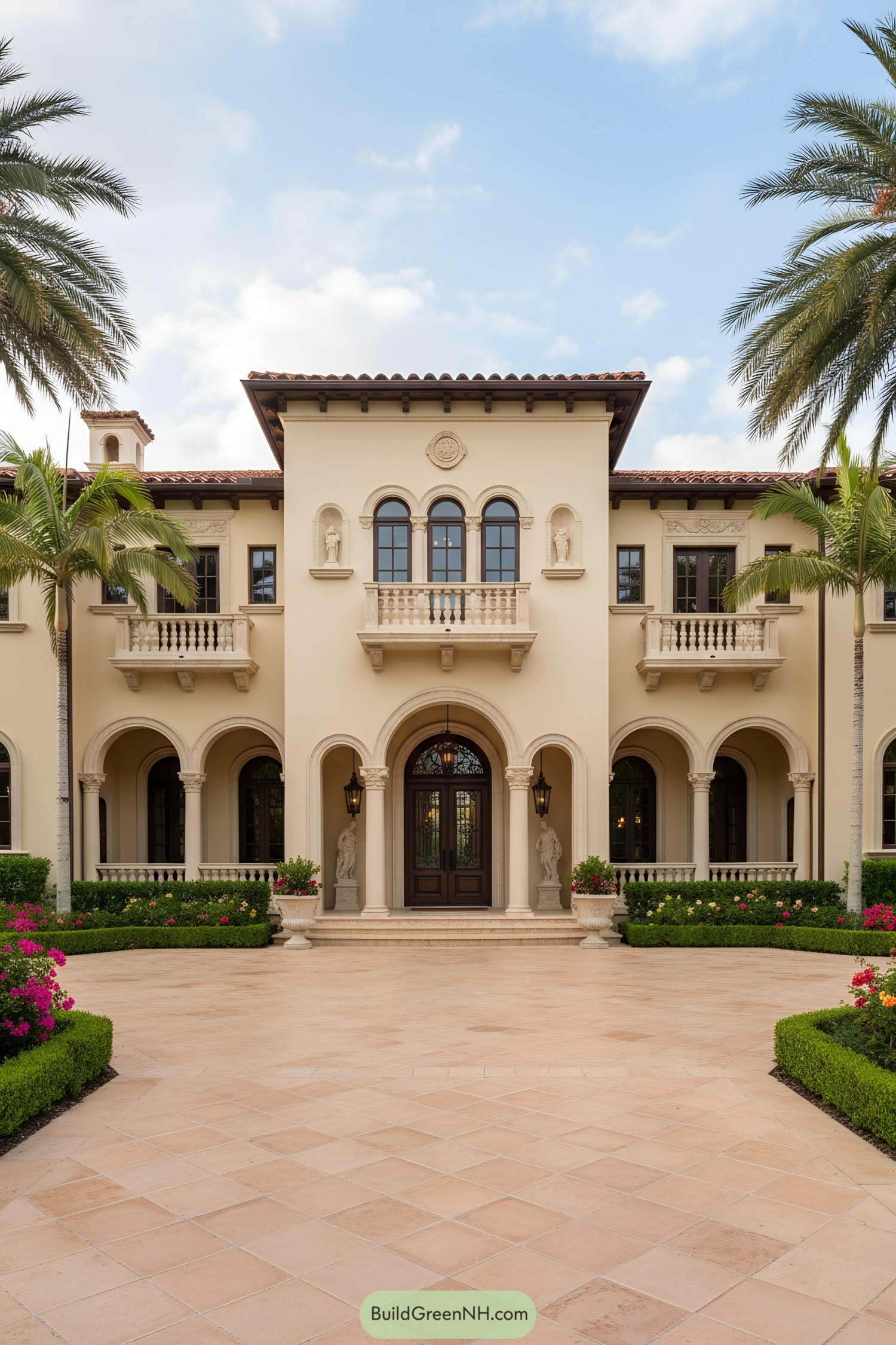 Front view of a grand Mediterranean mansion with a tile courtyard and palm trees