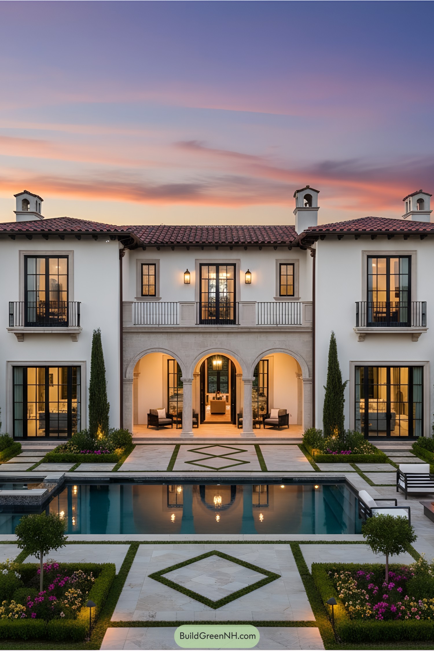 Luxurious Mediterranean villa with pool at sunset