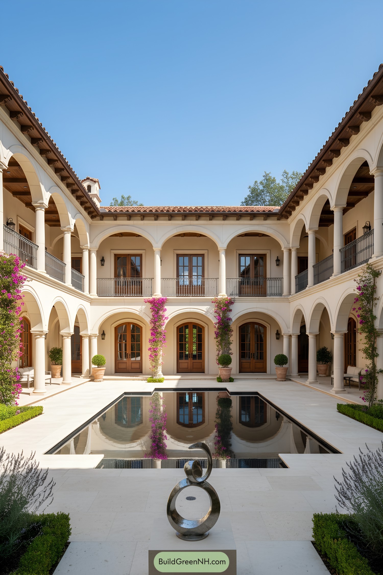 Elegant Mediterranean courtyard with arches and pool