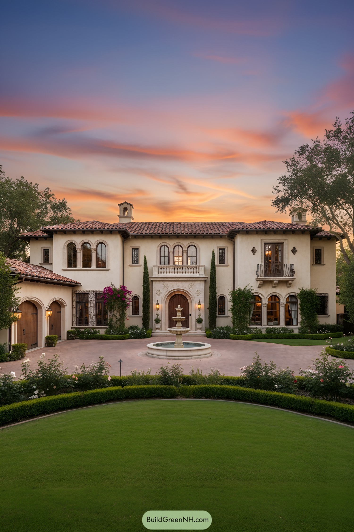 Mediterranean-style mansion with courtyard fountain at sunset