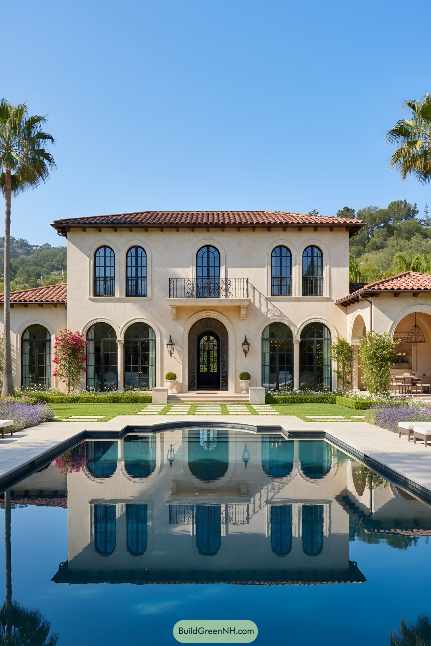 Luxurious Mediterranean mansion with poolside view