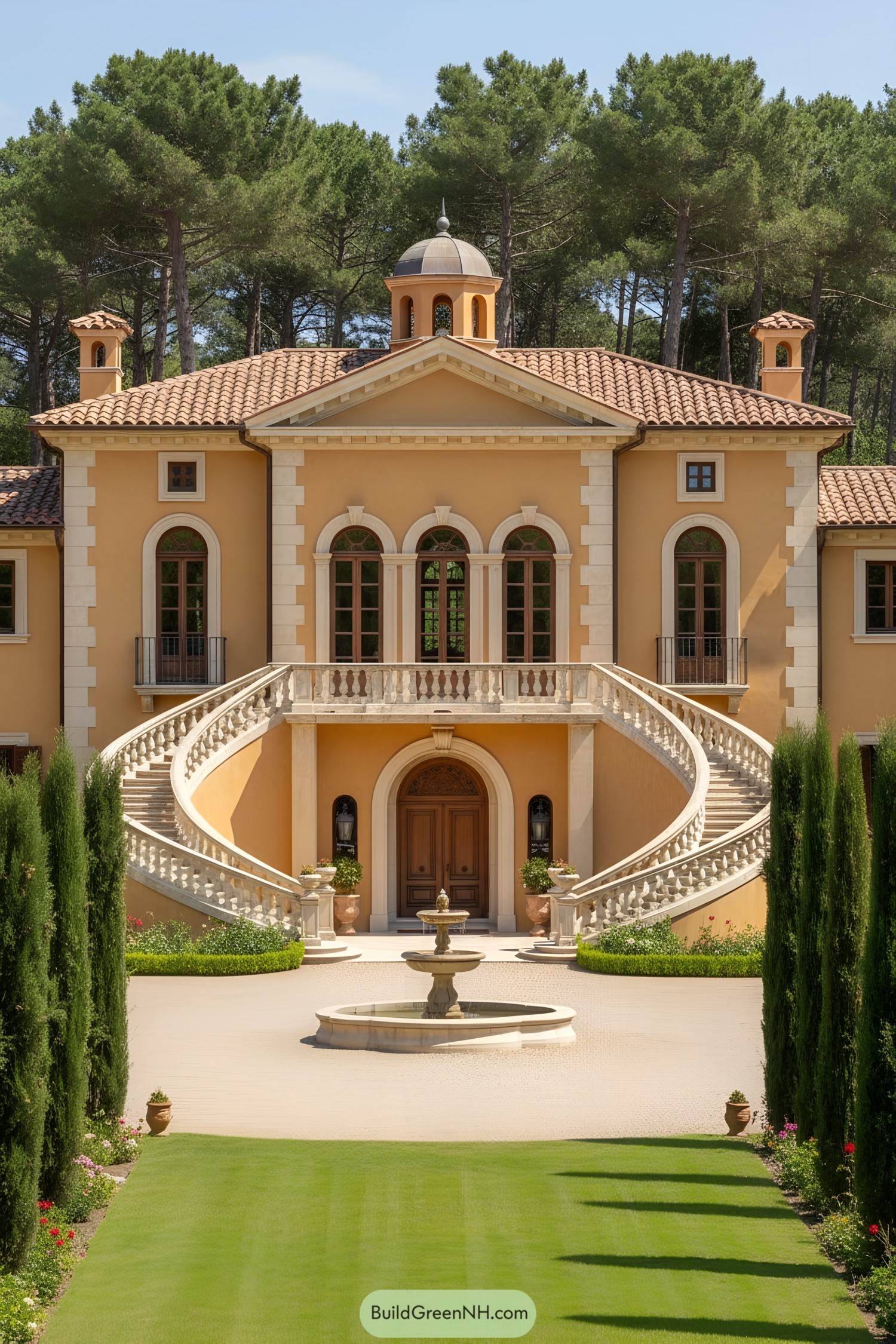 Elegant Mediterranean-style mansion with grand staircase and fountain