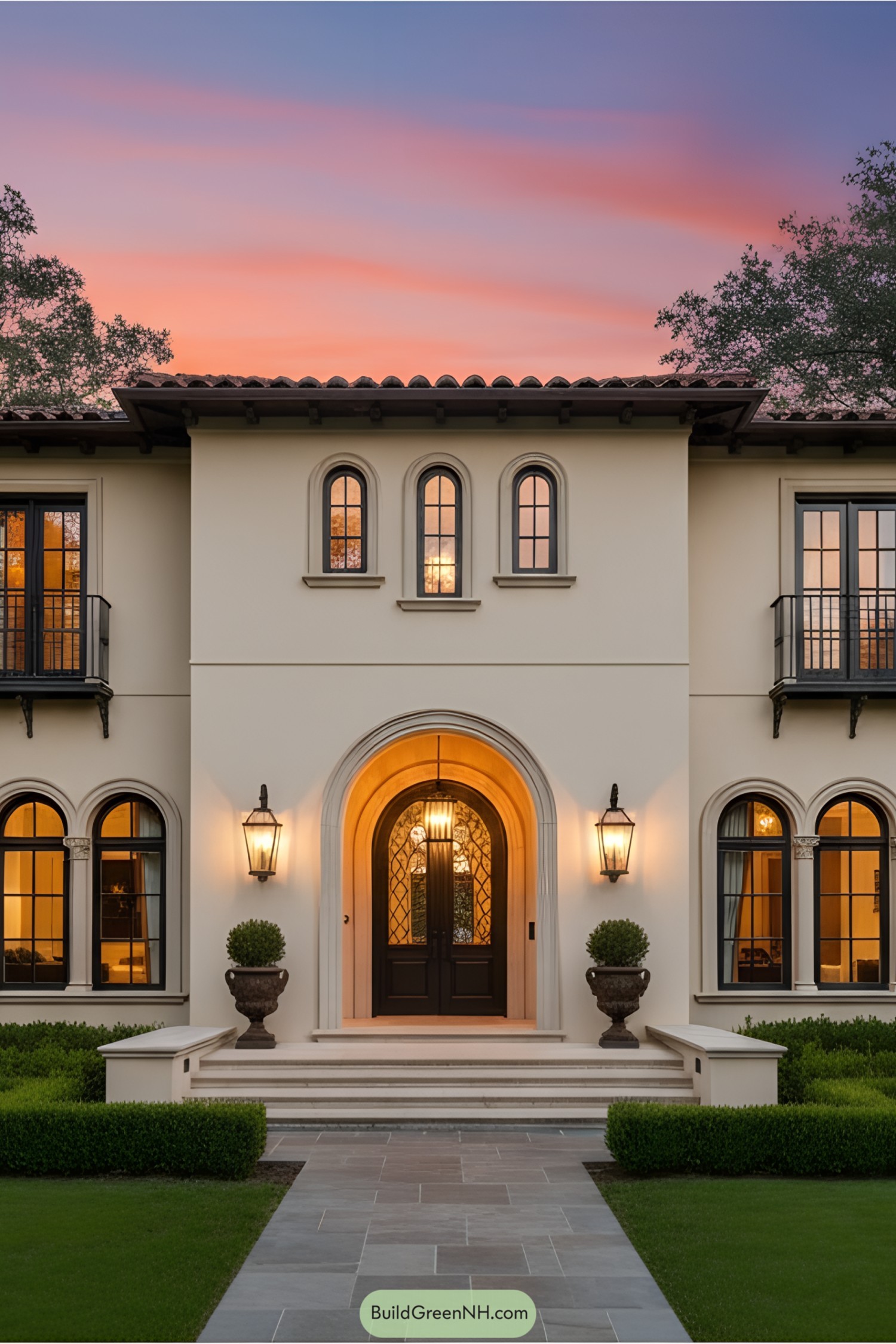 Elegant Mediterranean villa with classic archway and glowing lanterns at sunset