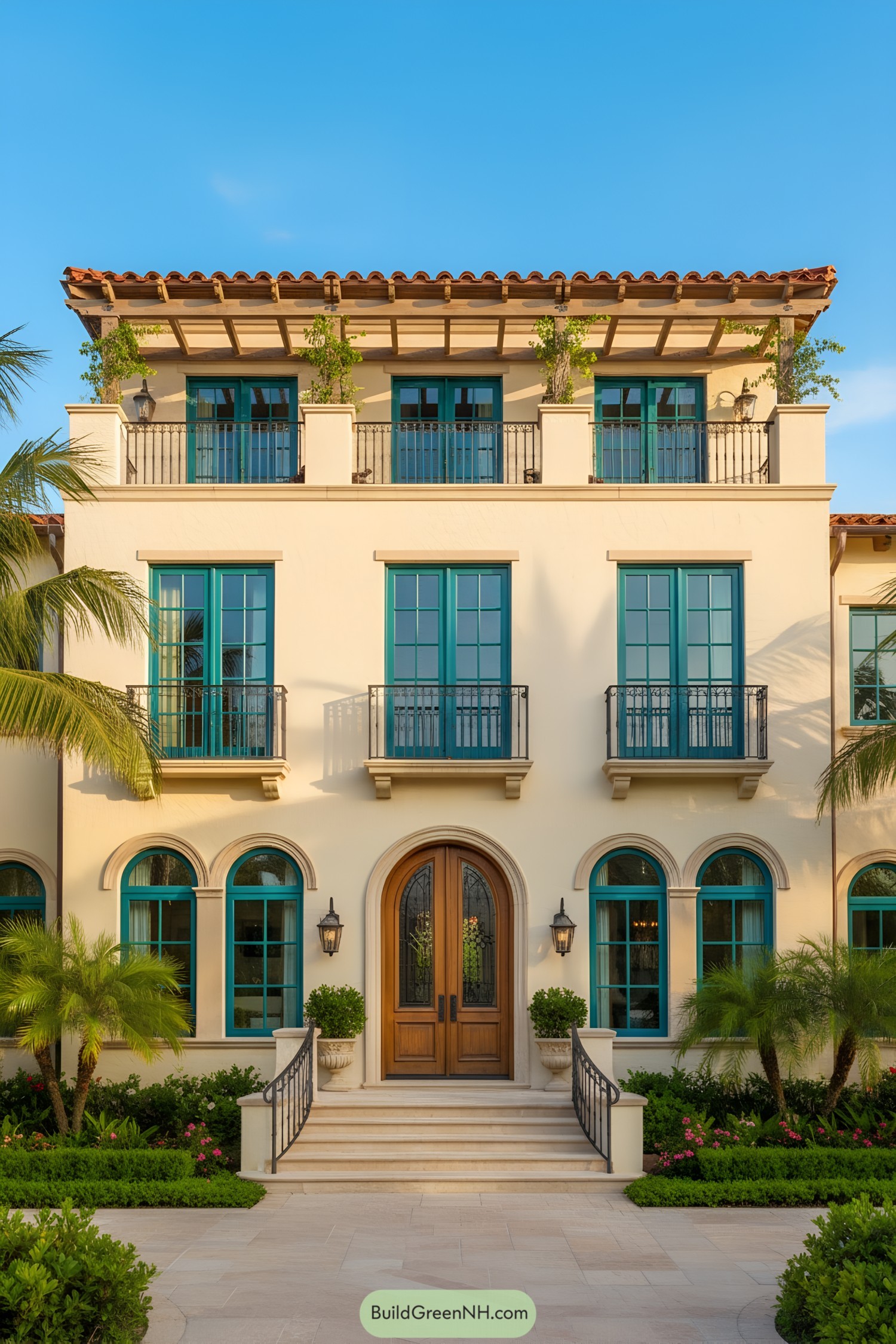 A grand Mediterranean mansion with arched windows and lush greenery